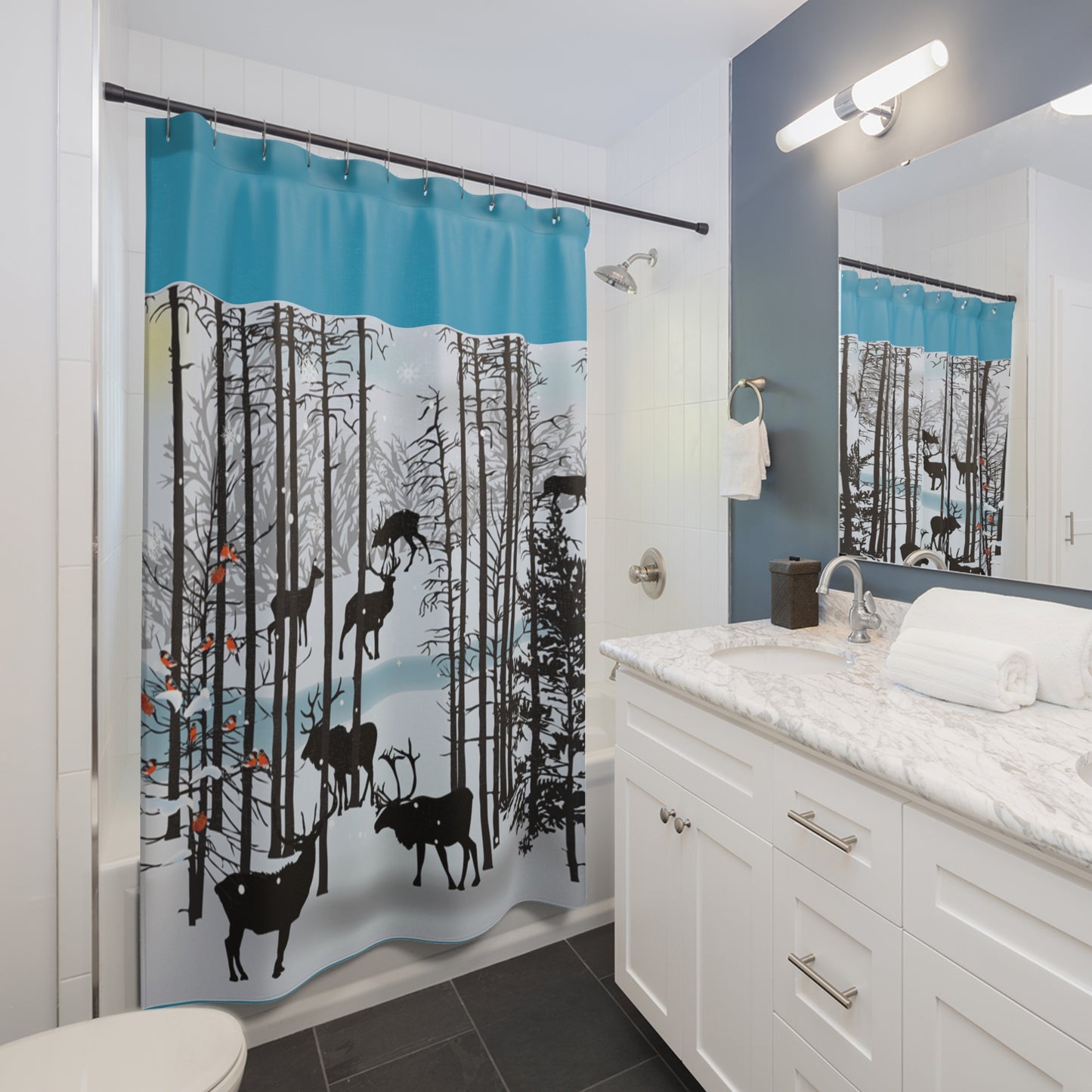 Modern Forest Deer Shower Curtain - Winter Cabin Decor