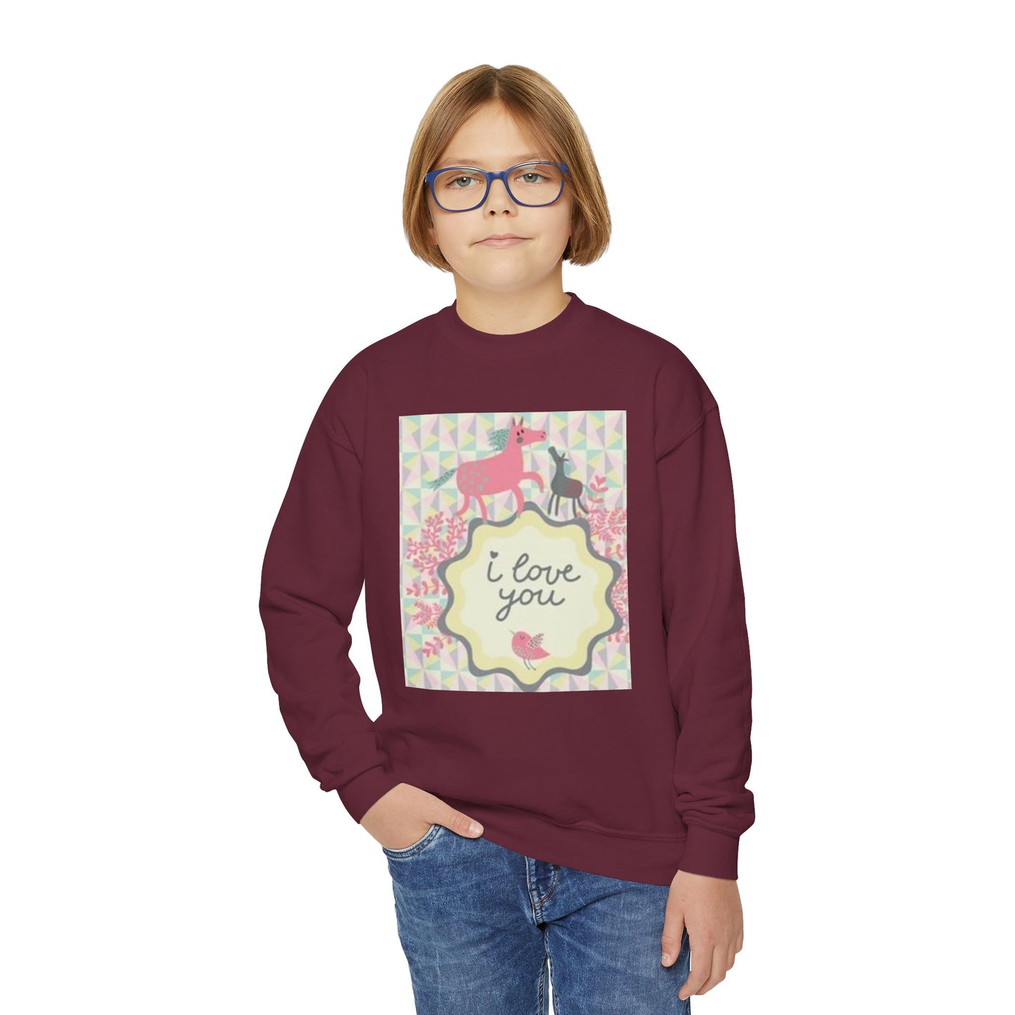 Youth Crewneck Sweatshirt with "I Love You" Unicorn Design