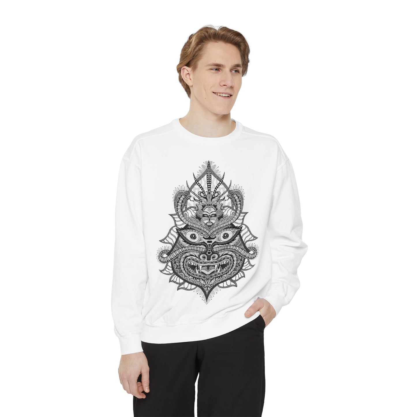 Unique Unisex Garment-Dyed Sweatshirt with Intricate Graphic Design