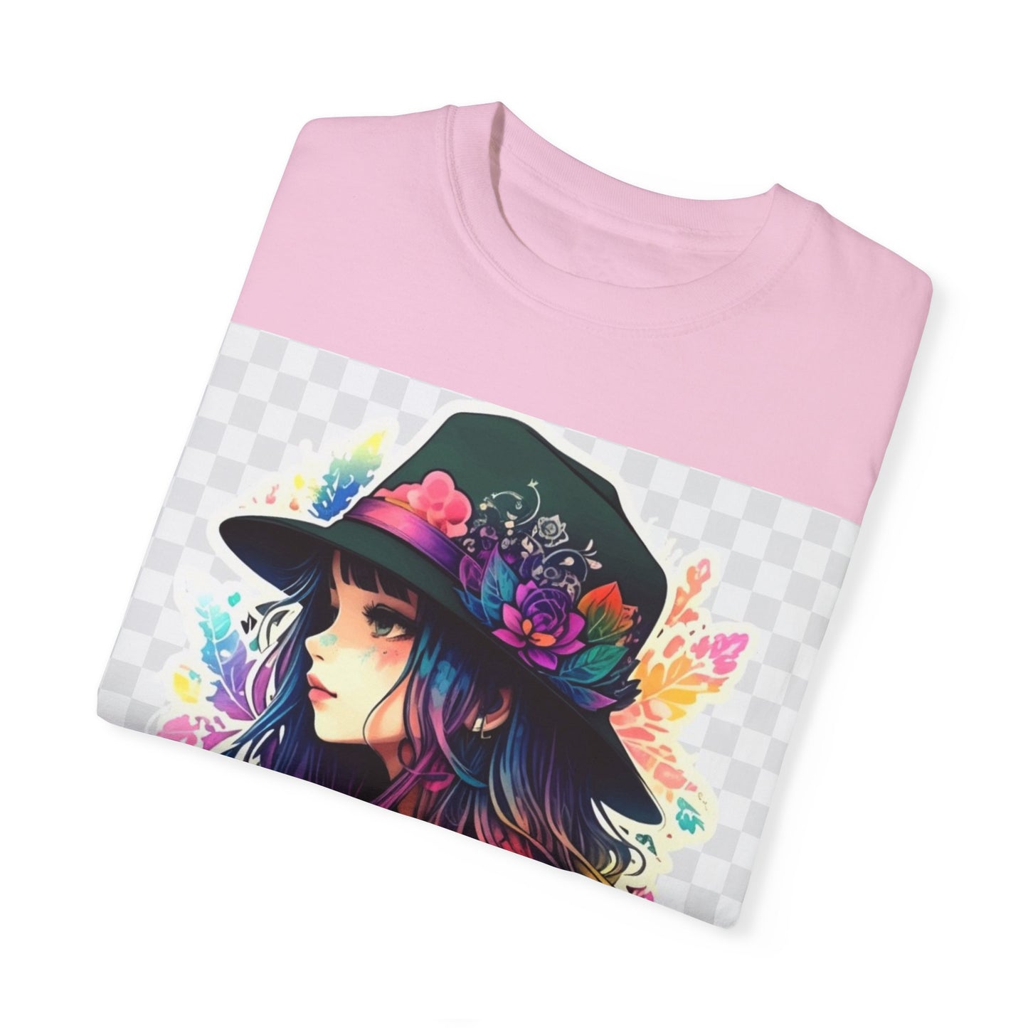 Vibrant Bohemian T-Shirt with Colorful Tattooed Girl Design