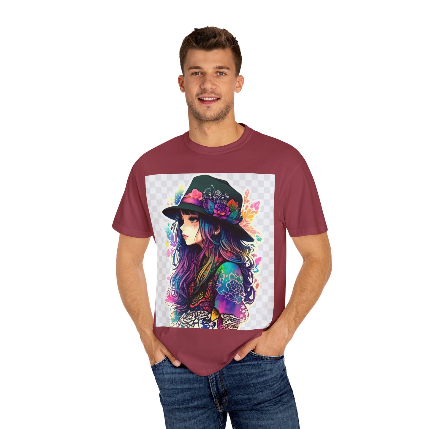 Vibrant Bohemian T-Shirt with Colorful Tattooed Girl Design
