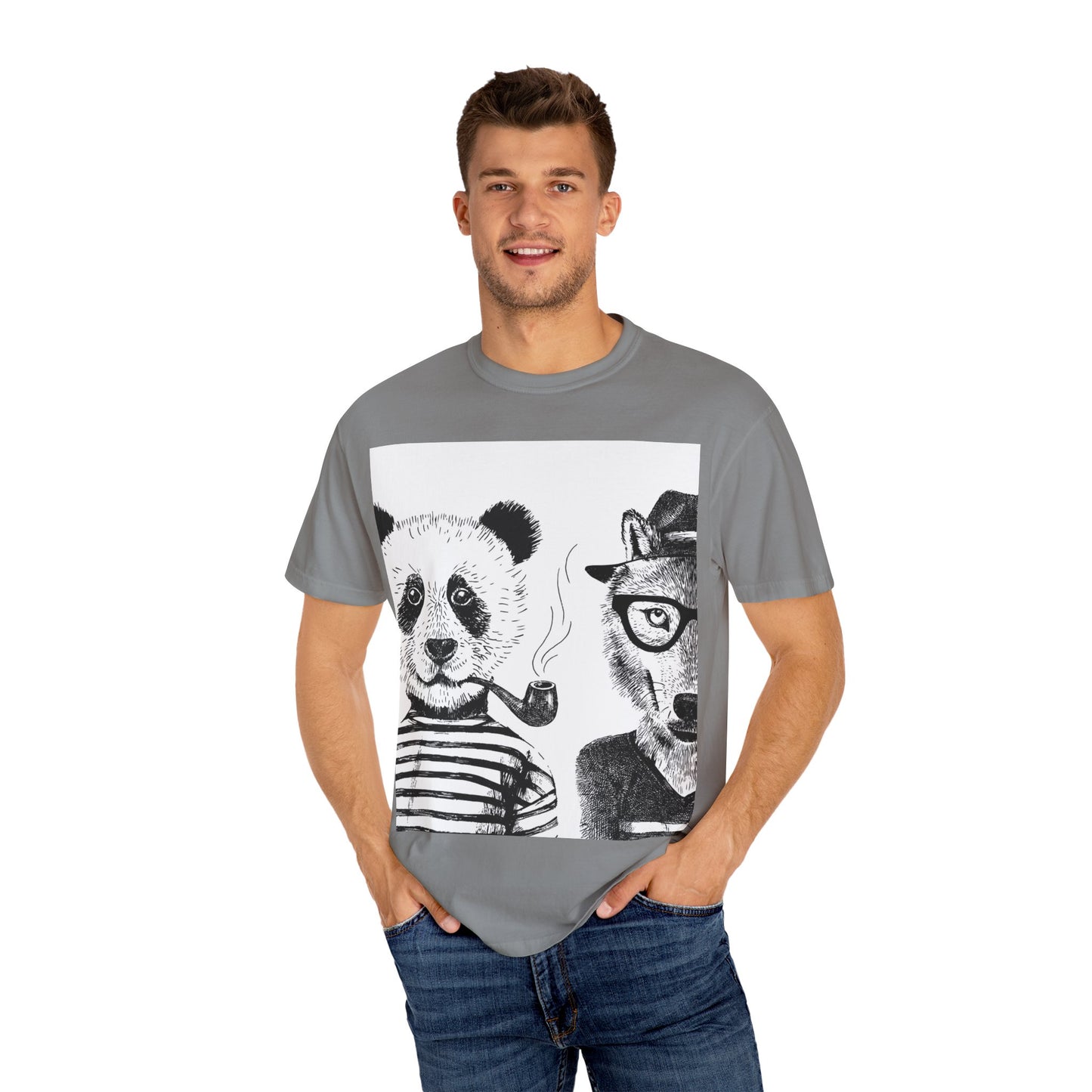 Whimsical Animal Friends T-Shirt - Stylish Panda & Wolf Design