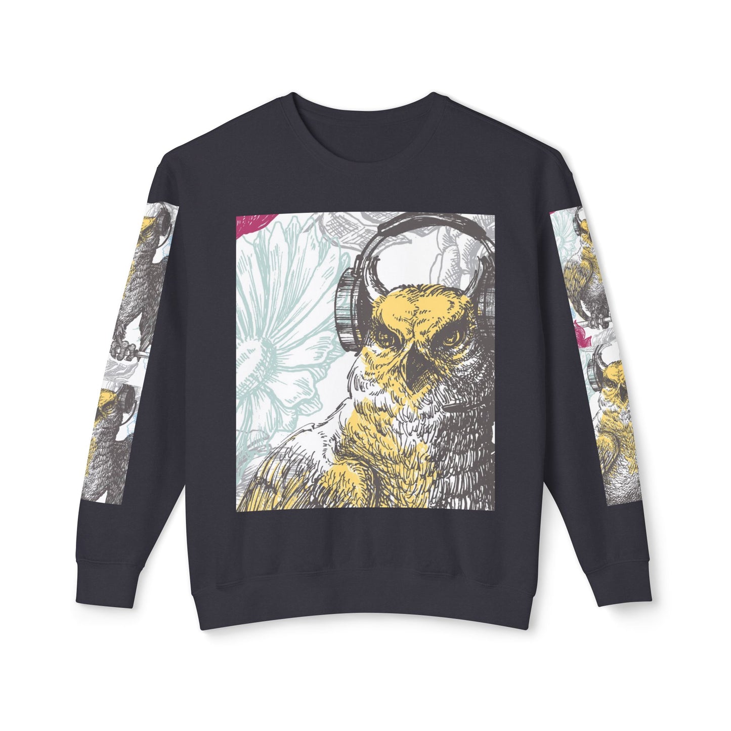 Music Lover's Owl Graphic Crewneck Sweatshirt - Unisex Lightweight Design