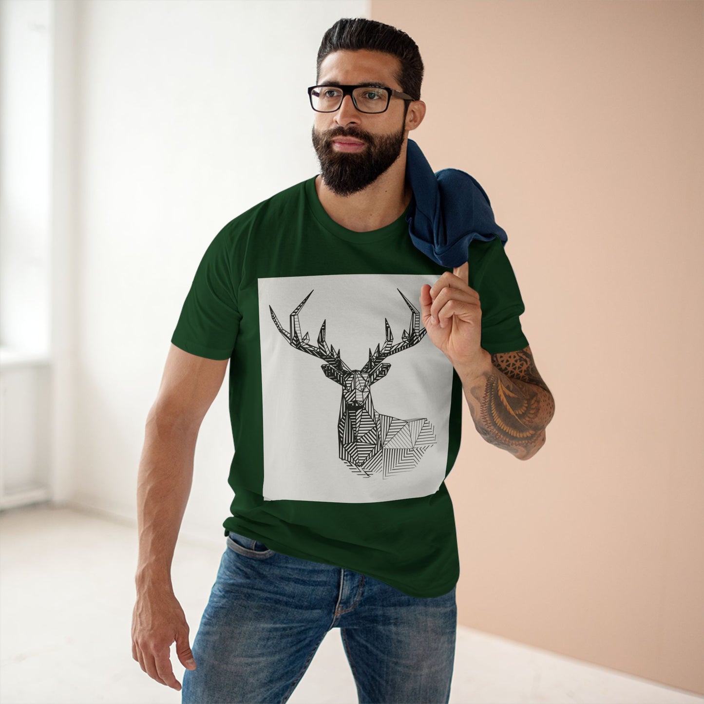 Geometric Deer & Spider Web Adult Staple Tee - Nature-Inspired Graphic T-Shirt for Outdoor Enthusiasts