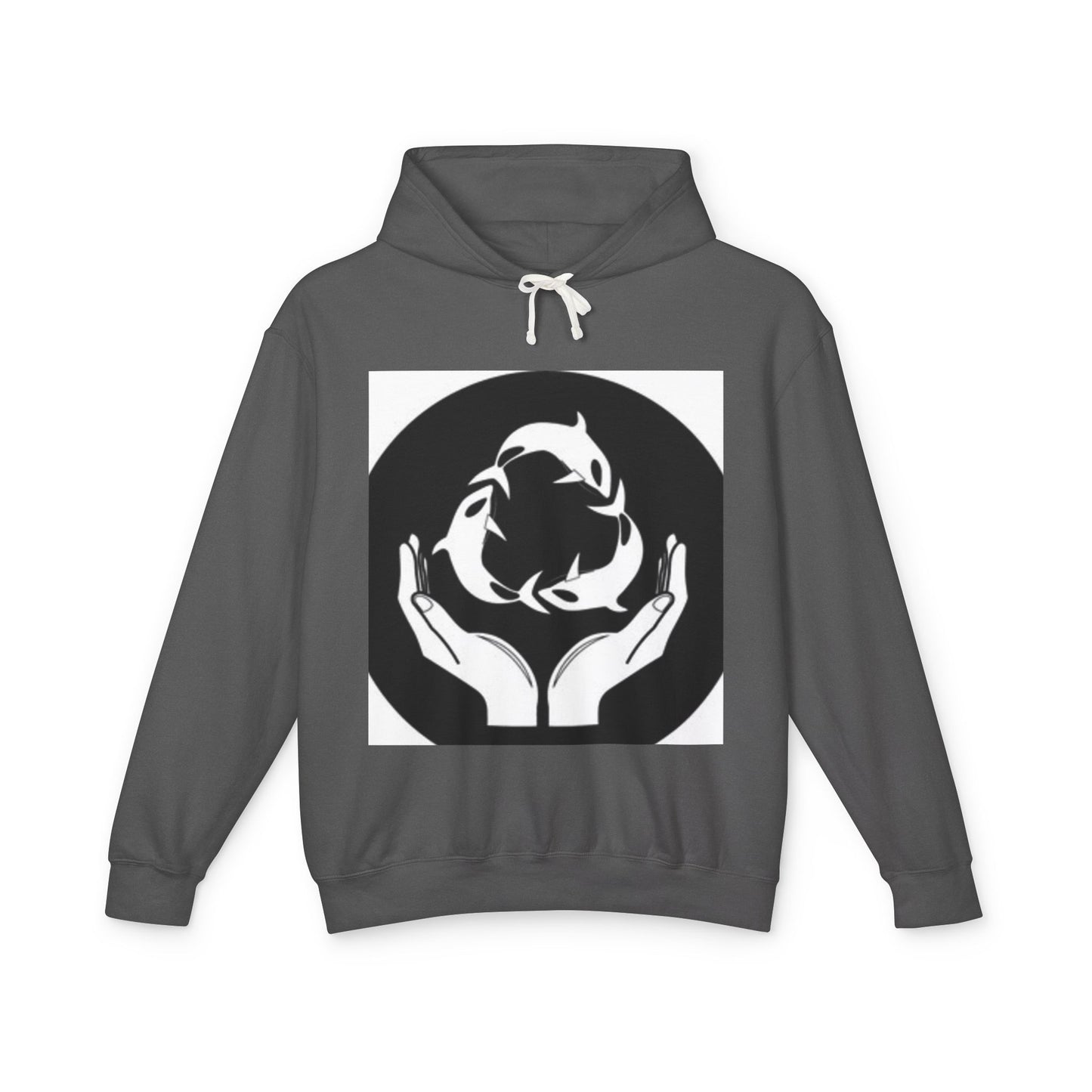 Eco-Friendly Unisex Lightweight Hooded Sweatshirt - Hands and Fish Design