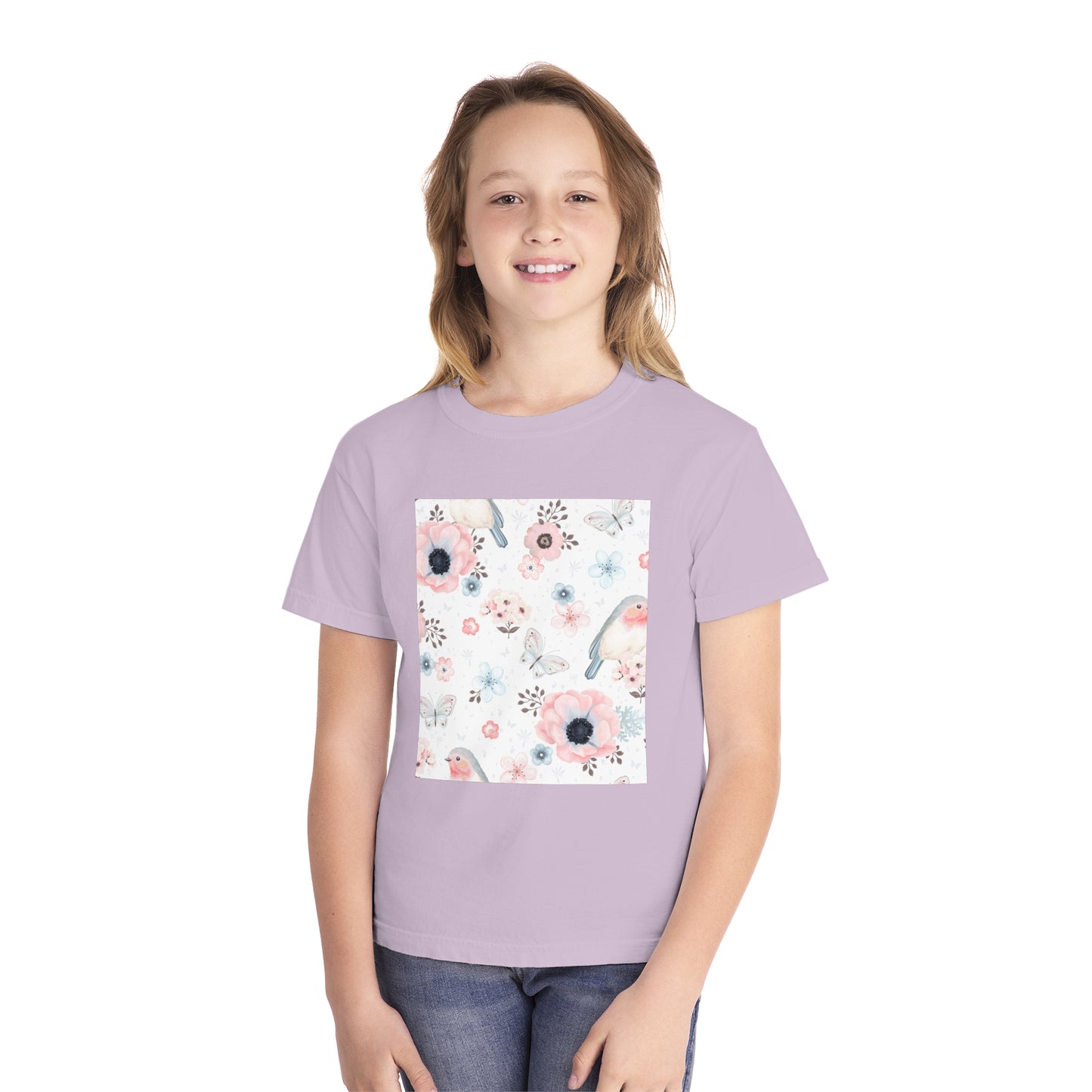Floral Bird Youth Tee - Soft Midweight T-Shirt for Nature Lovers