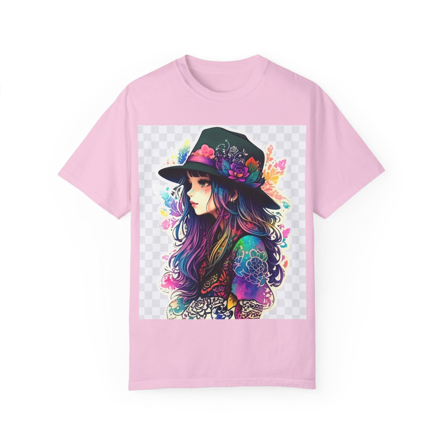 Vibrant Bohemian T-Shirt with Colorful Tattooed Girl Design