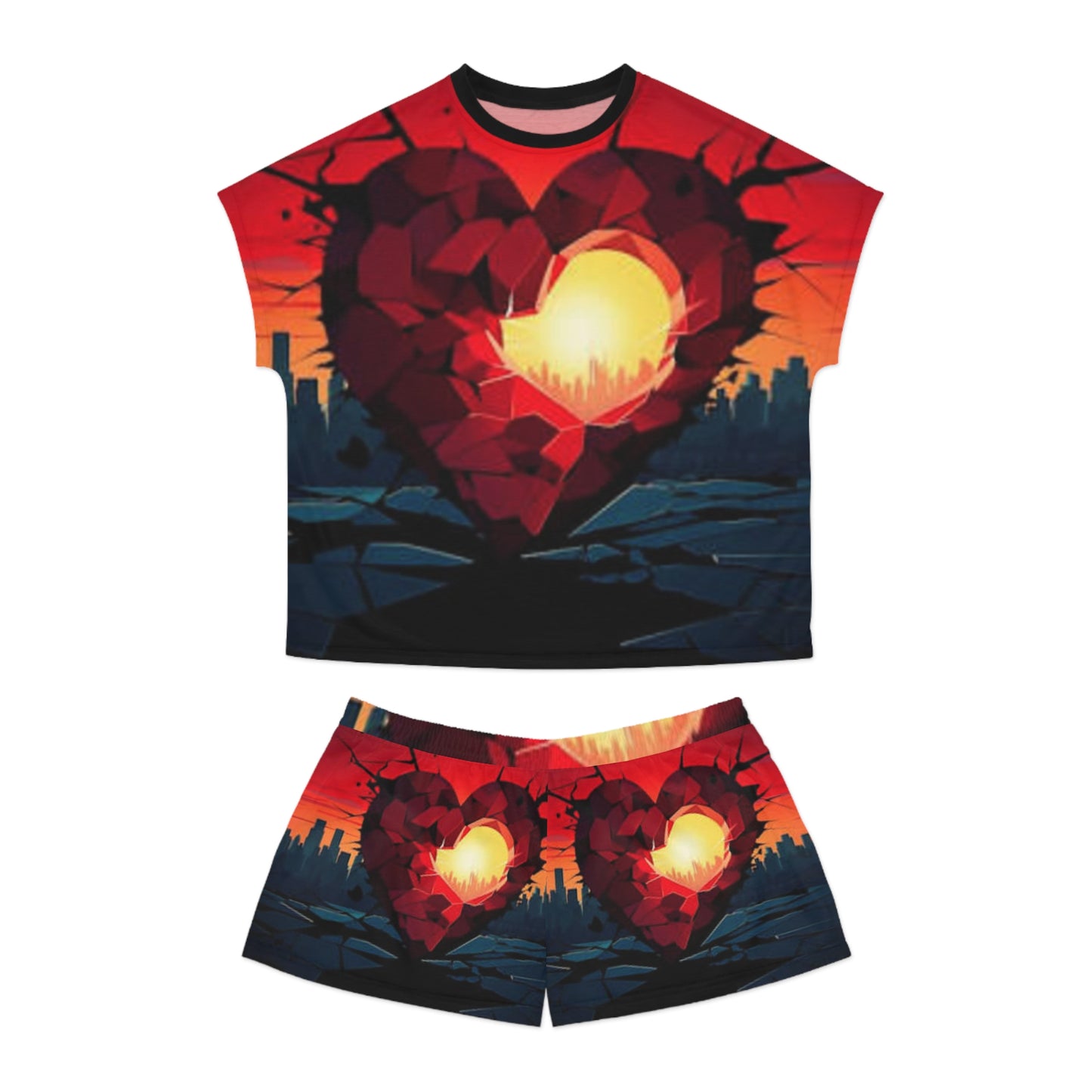 Romantic Heart Print Women's Short Pajama Set - Cozy Sleepwear for Dreamy Nights