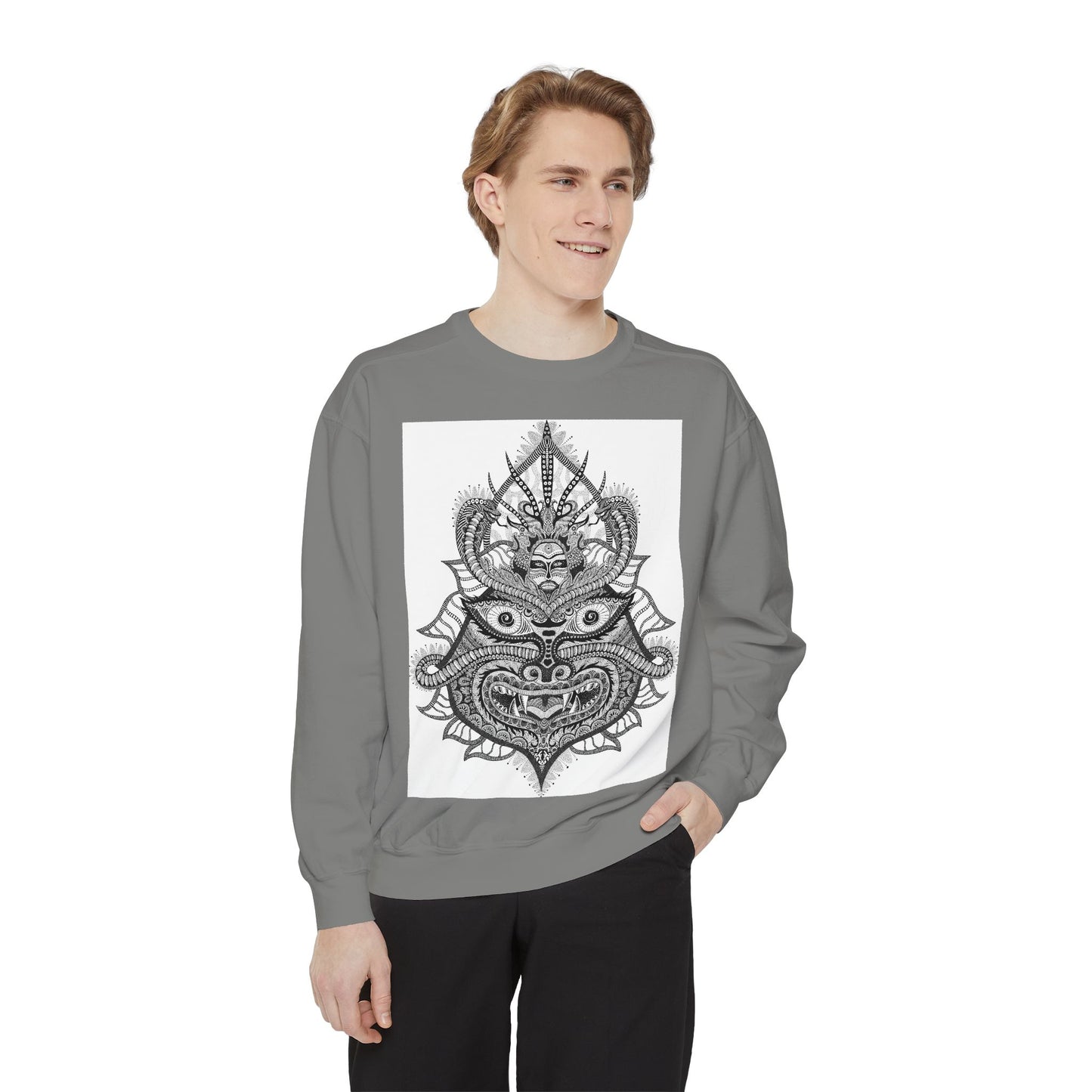 Unique Unisex Garment-Dyed Sweatshirt with Intricate Graphic Design