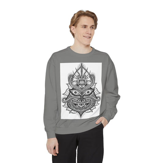 Unique Unisex Garment-Dyed Sweatshirt with Intricate Graphic Design