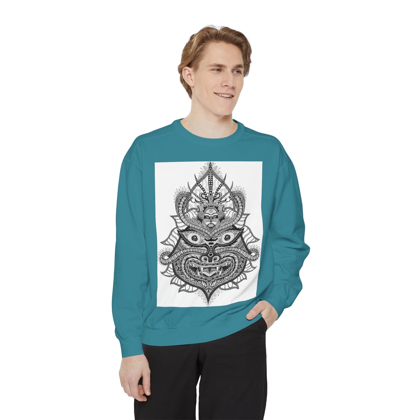Unique Unisex Garment-Dyed Sweatshirt with Intricate Graphic Design