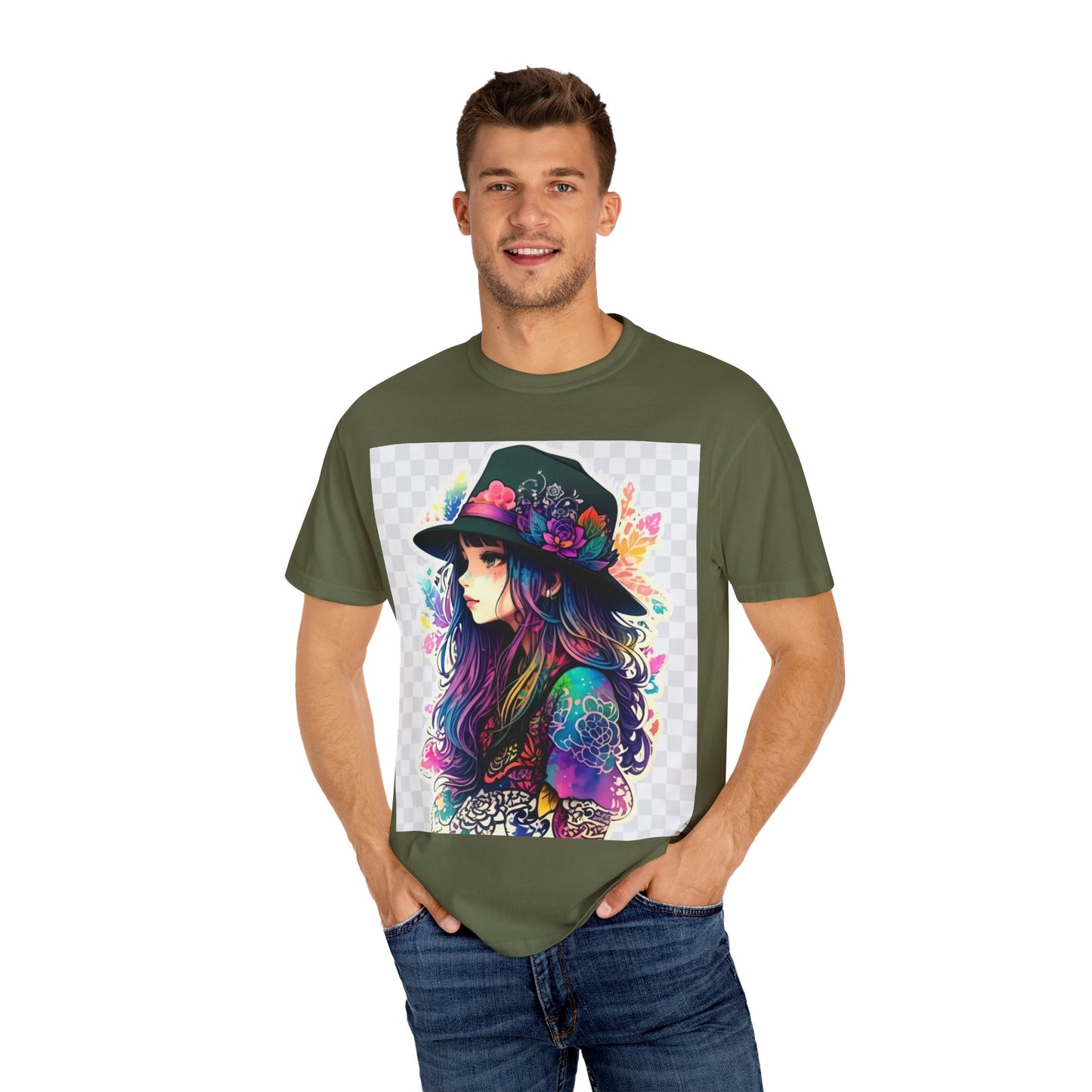 Vibrant Bohemian T-Shirt with Colorful Tattooed Girl Design