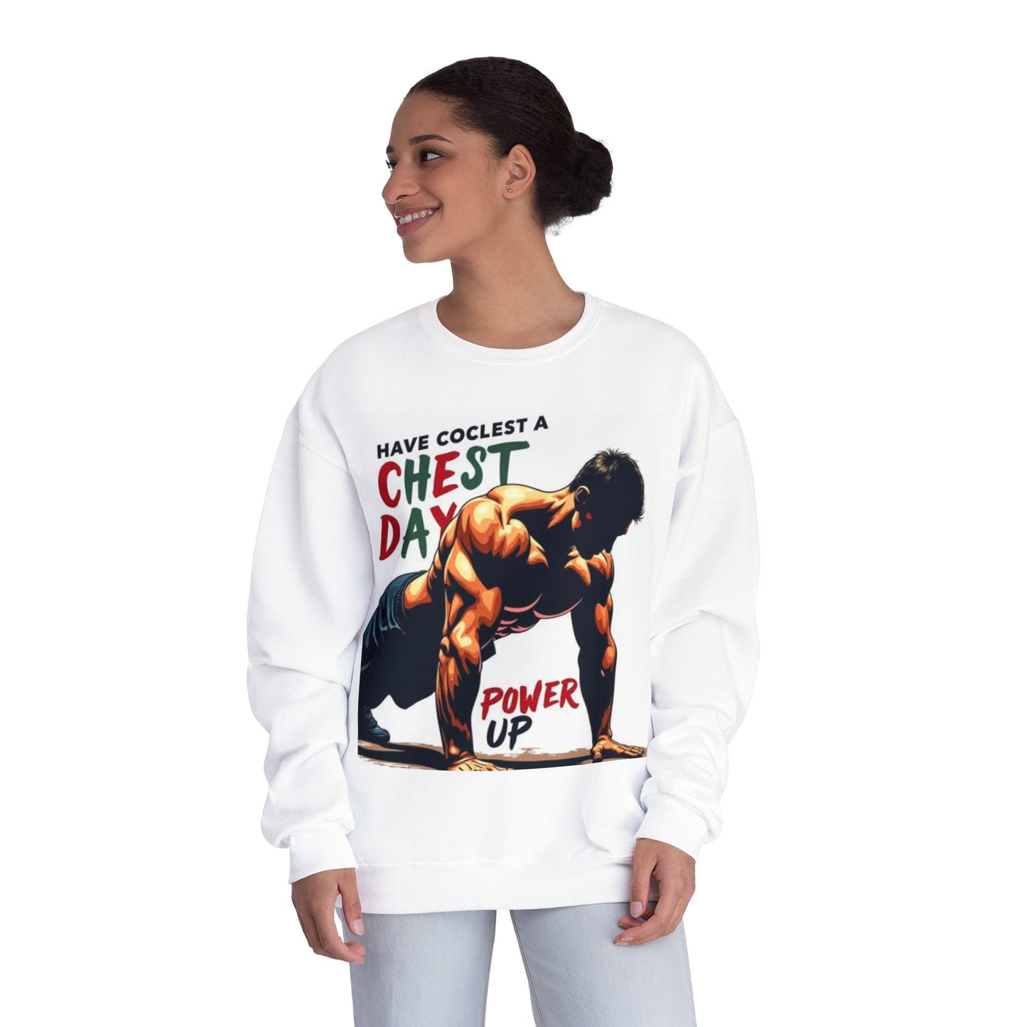 Motivational Chest Day Sweatshirt – Power Up Workout Crewneck for Fitness Lovers