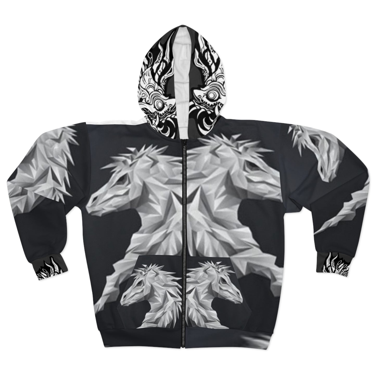 Artistic Unisex Zip Hoodie with Majestic Horse and Dragon Designs