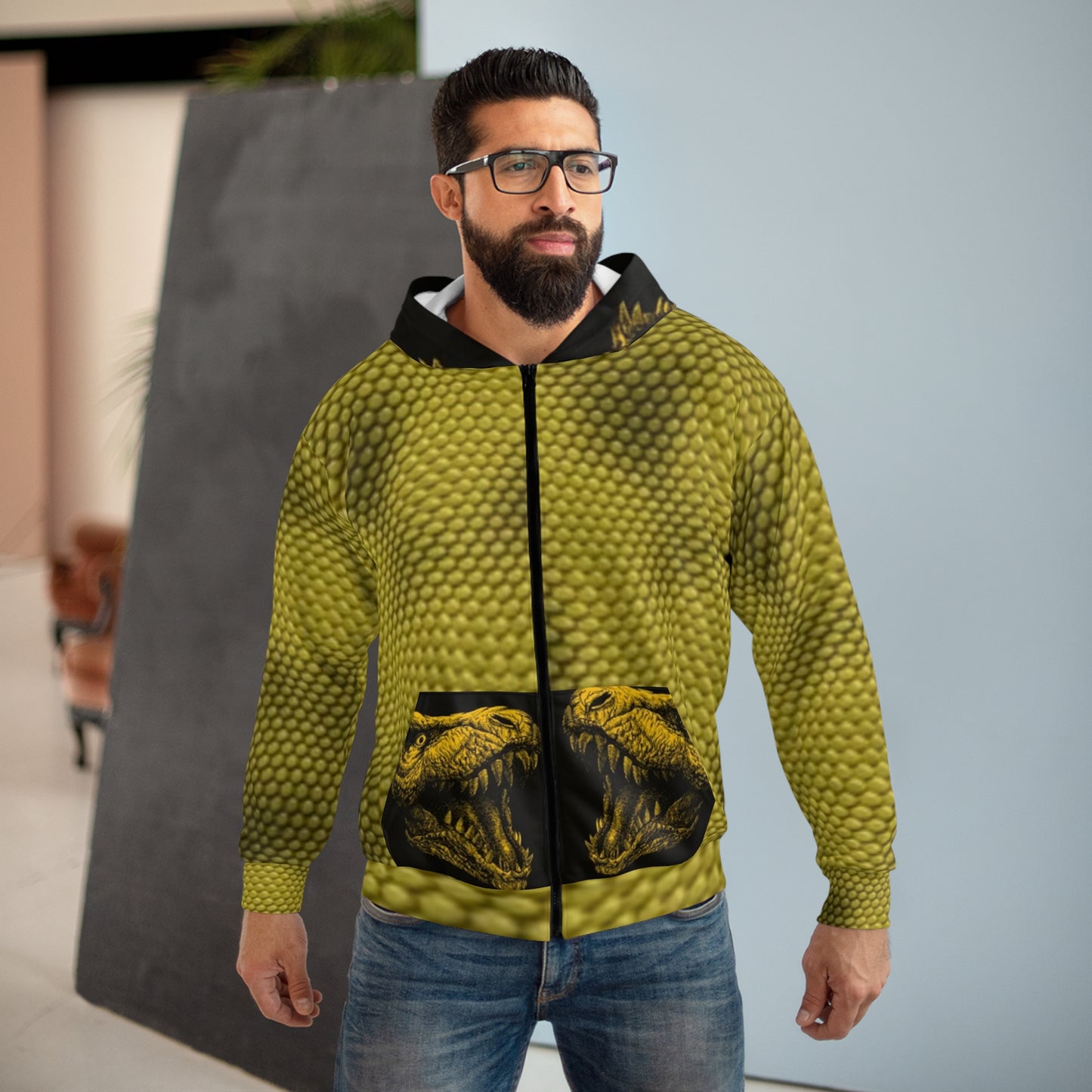 Dinosaur Textured Unisex Zip Hoodie - Retro Style for Animal Lovers