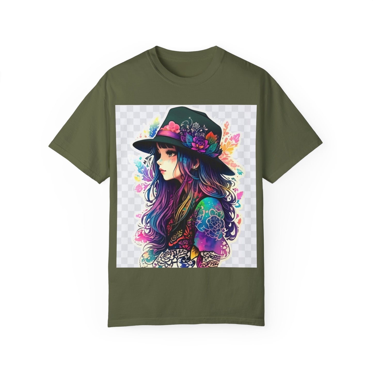 Vibrant Bohemian T-Shirt with Colorful Tattooed Girl Design
