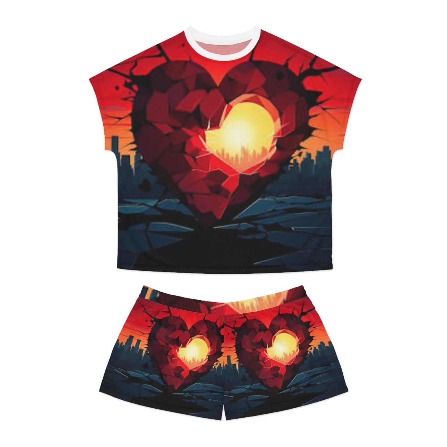 Romantic Heart Print Women's Short Pajama Set - Cozy Sleepwear for Dreamy Nights