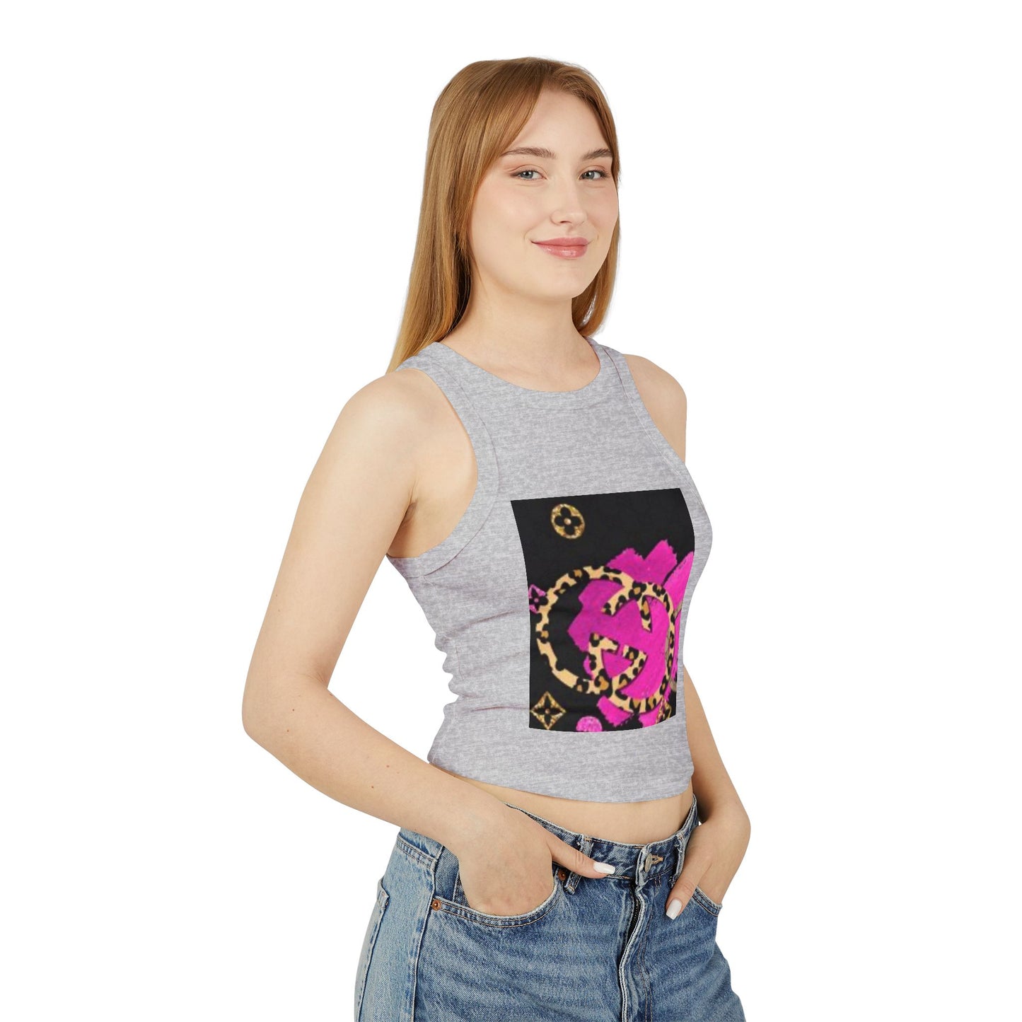 Chic Women's Micro Rib Racer Tank Top with Bold Graphic Print