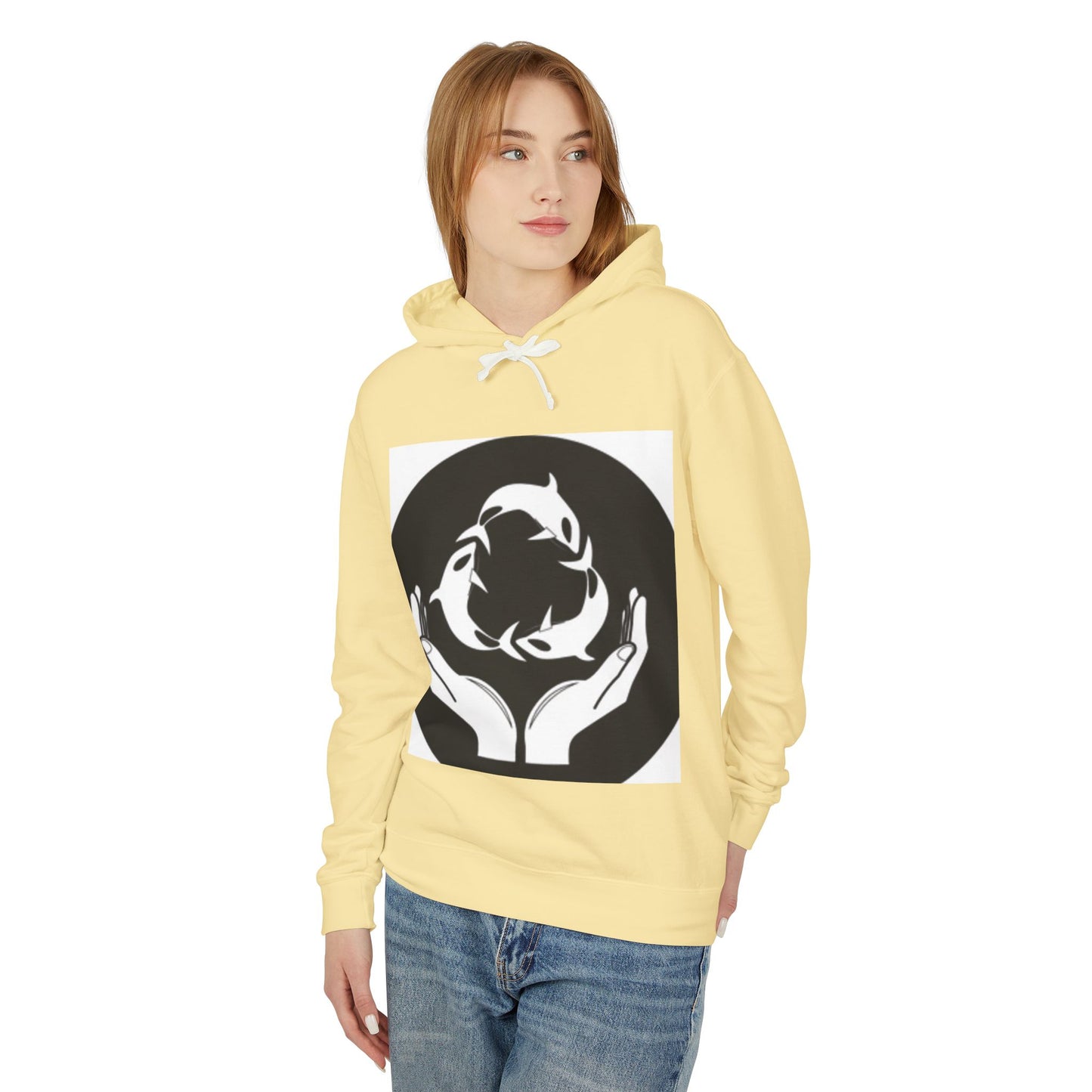 Eco-Friendly Unisex Lightweight Hooded Sweatshirt - Hands and Fish Design
