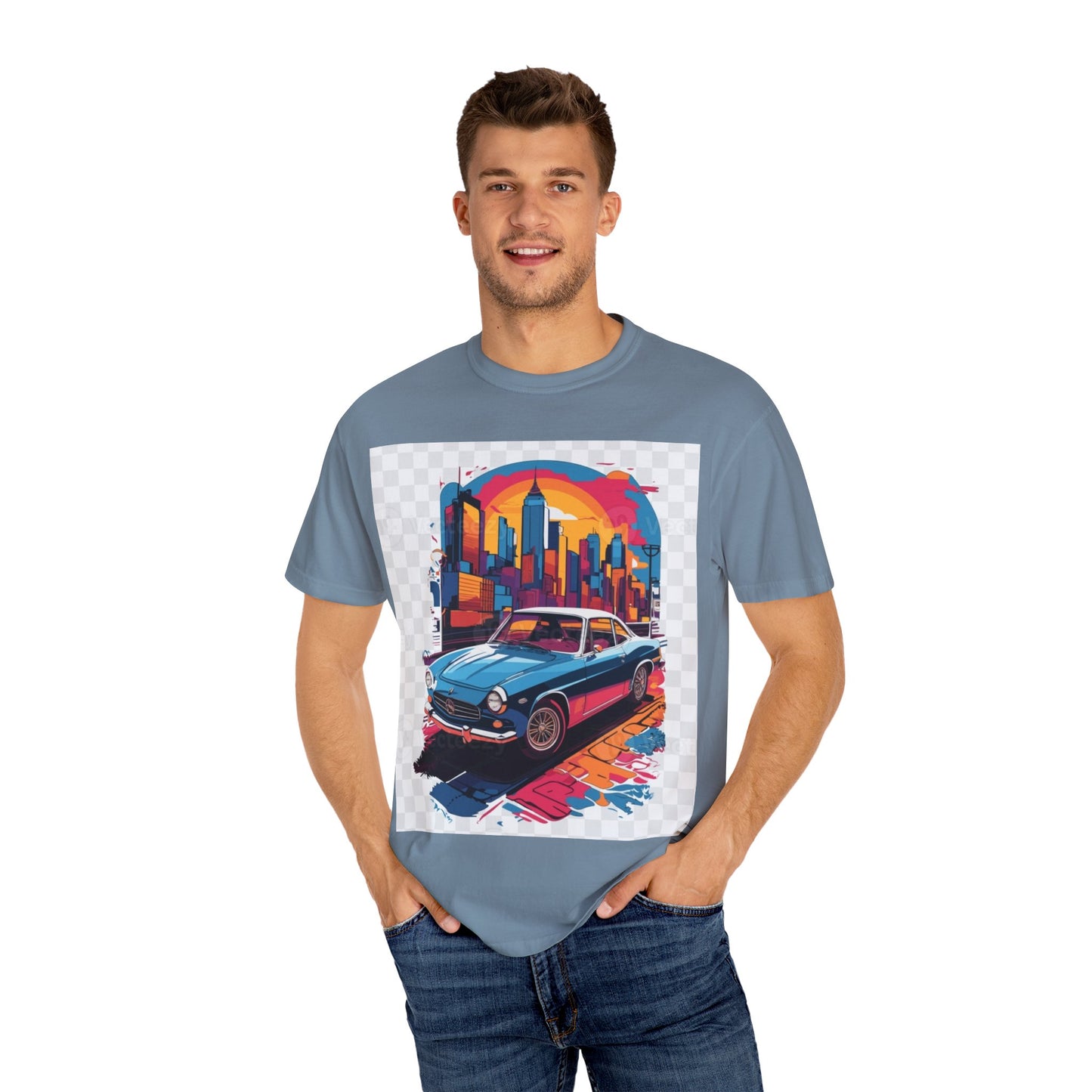 Retro Car Graphic Unisex T-Shirt - Colorful Cityscape Design