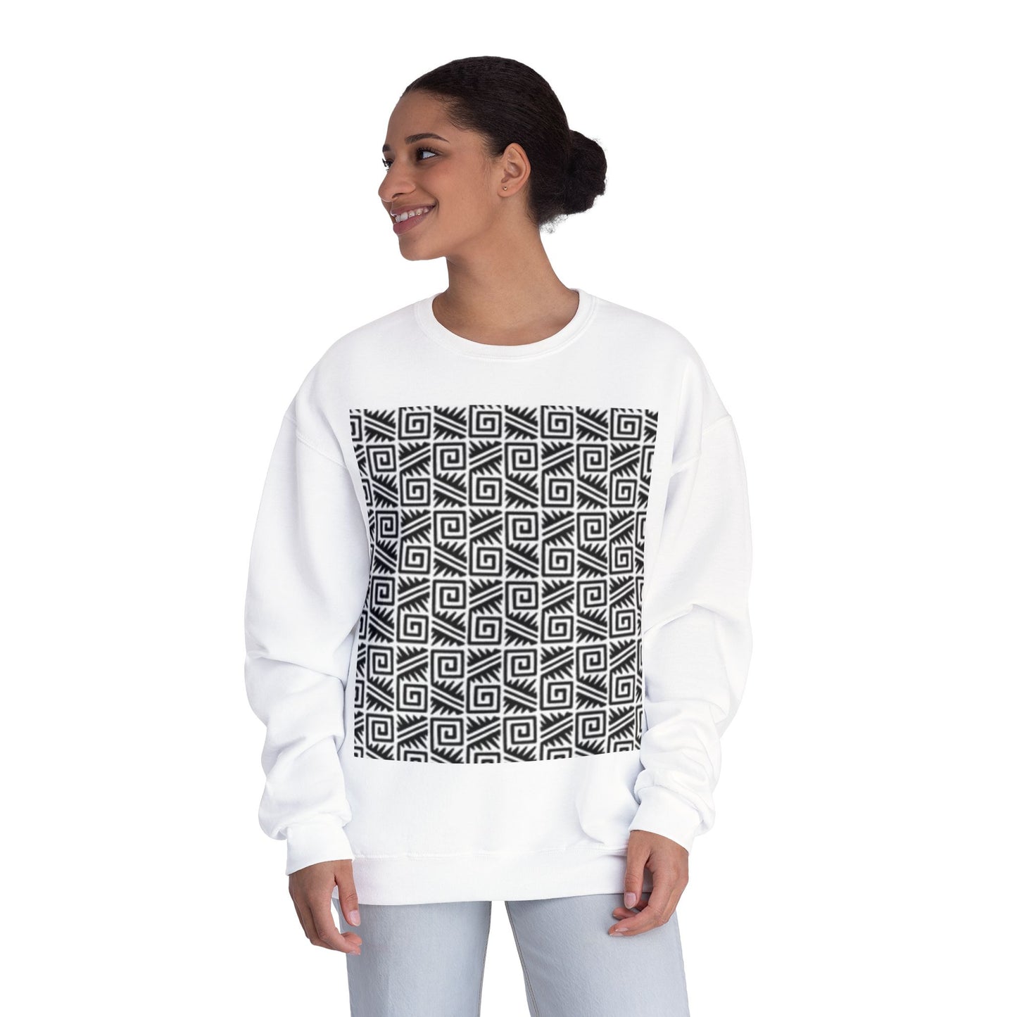 Geometric Pattern Unisex Crewneck Sweatshirt - Cozy Black & White Style