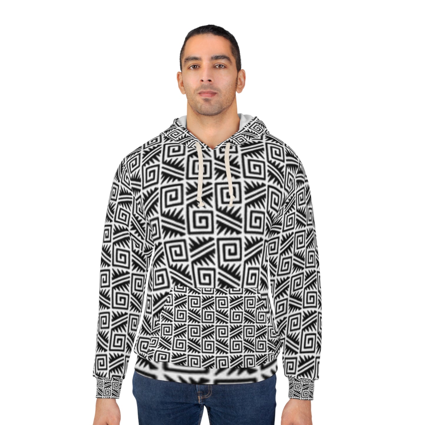 Geometric Spiral Unisex Pullover Hoodie - Cozy Black and White Design