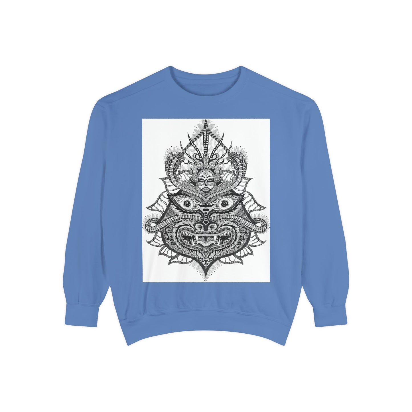 Unique Unisex Garment-Dyed Sweatshirt with Intricate Graphic Design