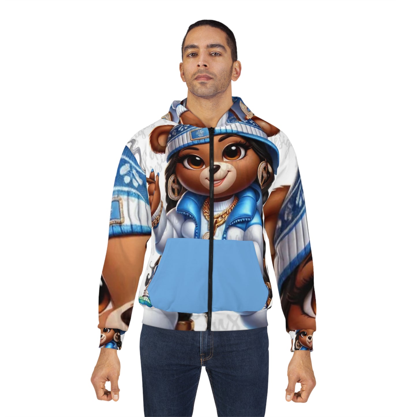 Hip-Hop Style Unisex Zip Hoodie with Trendy Bear Illustration