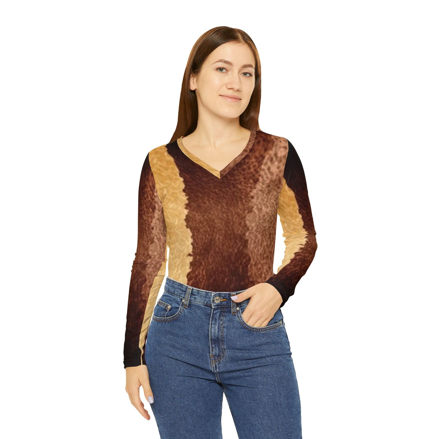 Boho Chic Women's Long Sleeve V-Neck Shirt - Earthy Print for Casual Elegance