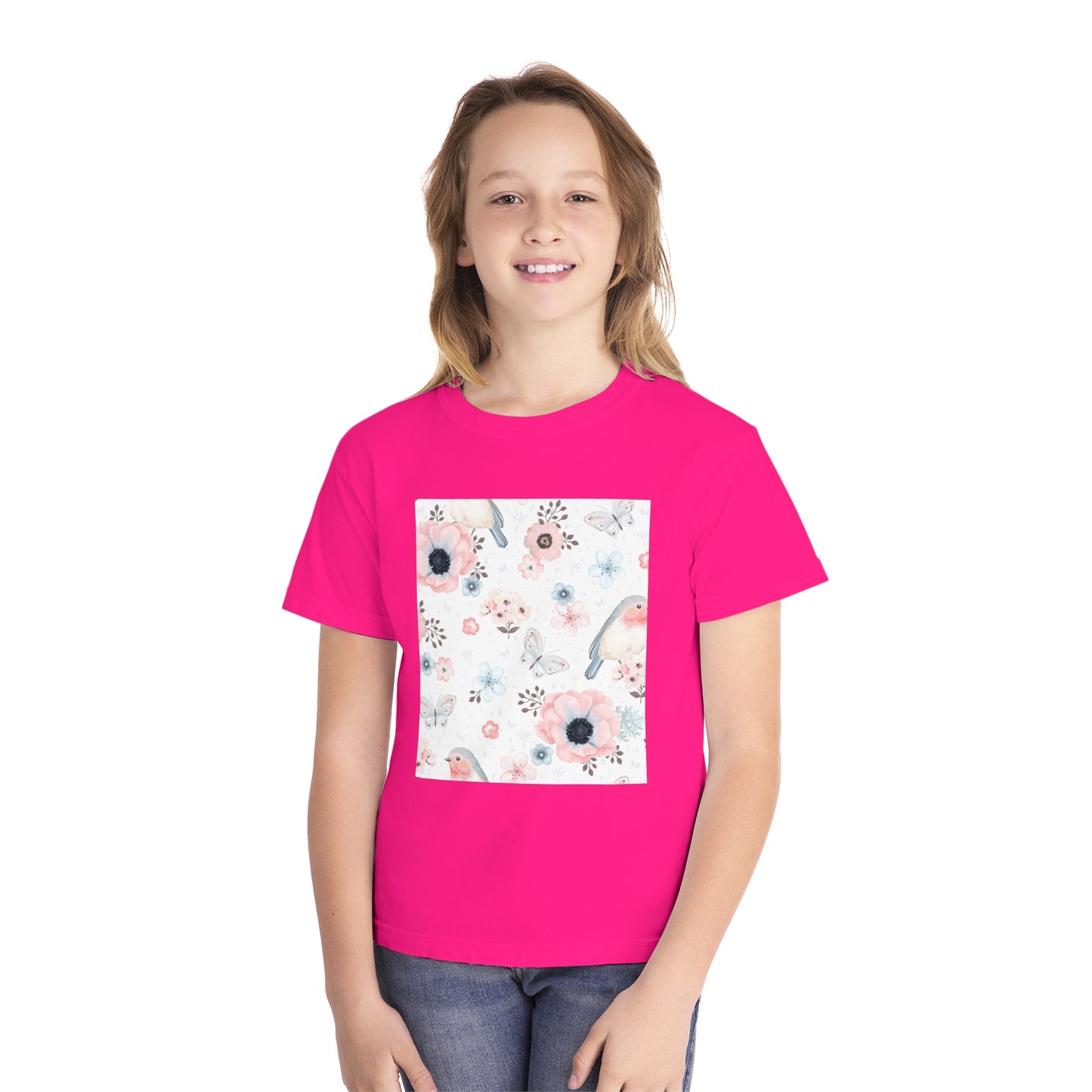 Floral Bird Youth Tee - Soft Midweight T-Shirt for Nature Lovers