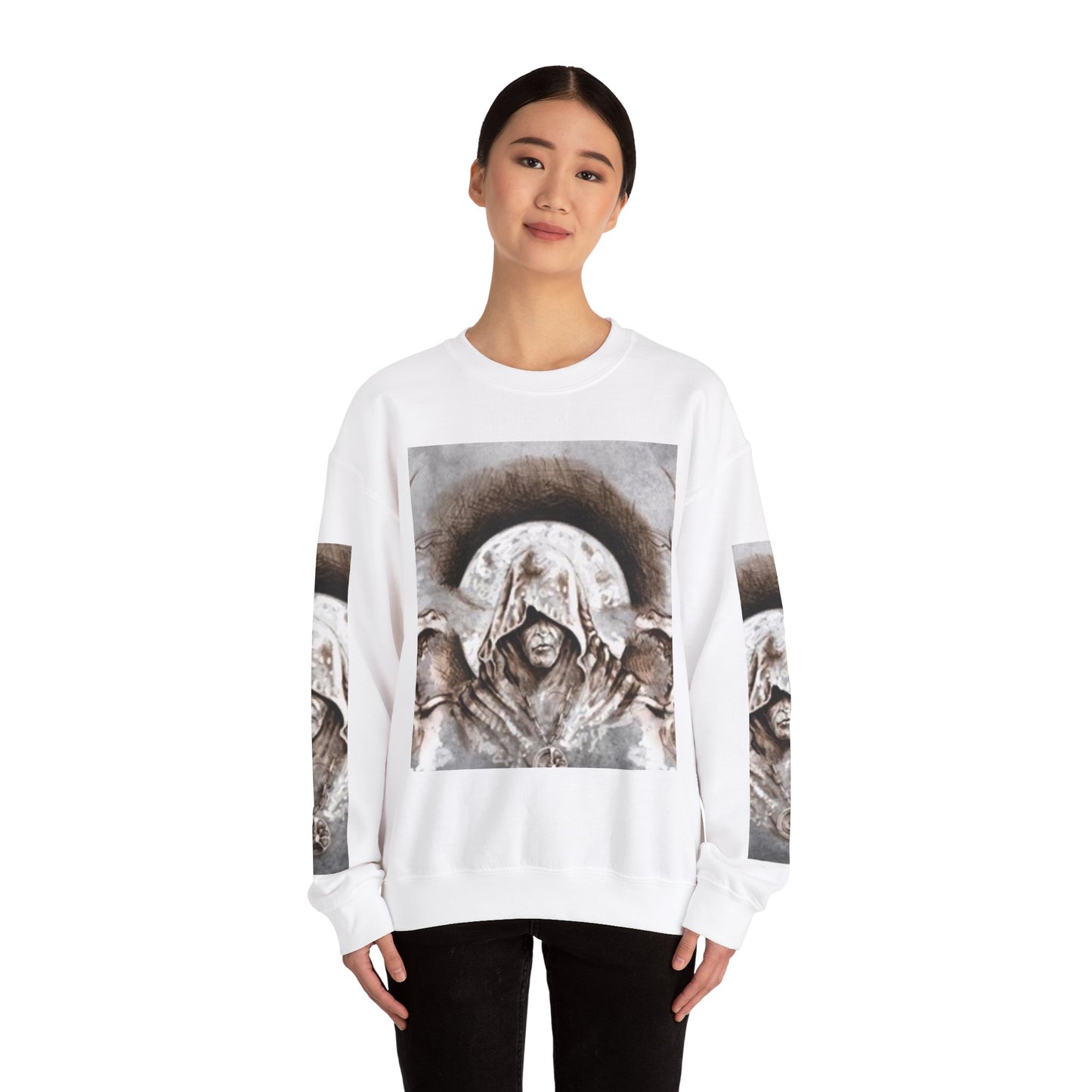 Mystical Hooded Figure Unisex Crewneck Sweatshirt - Fantasy Apparel for Dreamers