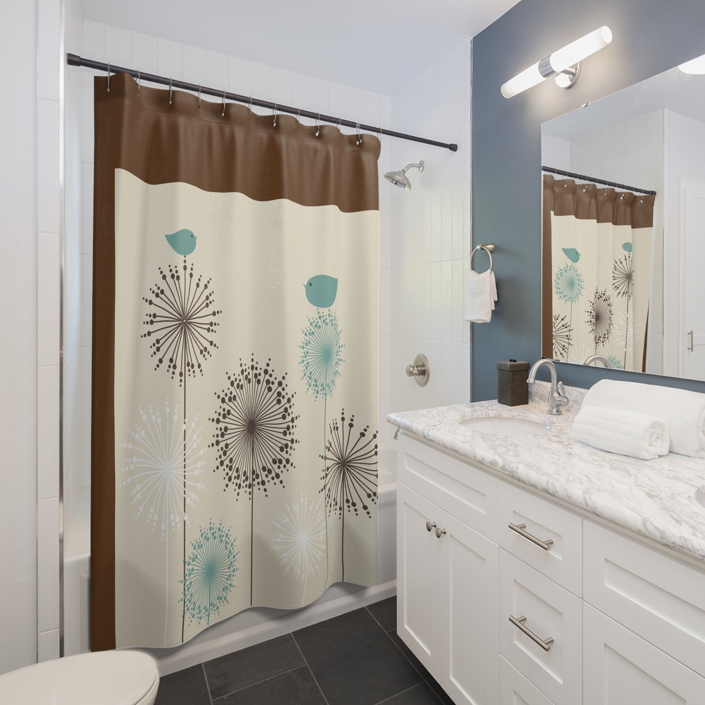 Whimsical Floral Shower Curtain with Bird Design - Nature-Inspired Bathroom Decor