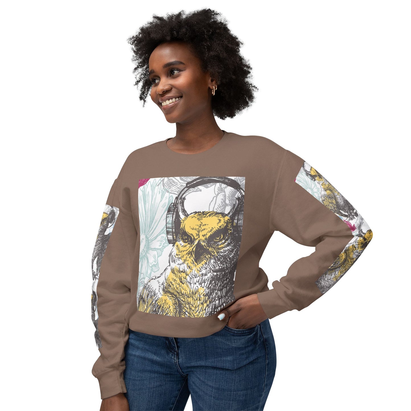 Music Lover's Owl Graphic Crewneck Sweatshirt - Unisex Lightweight Design