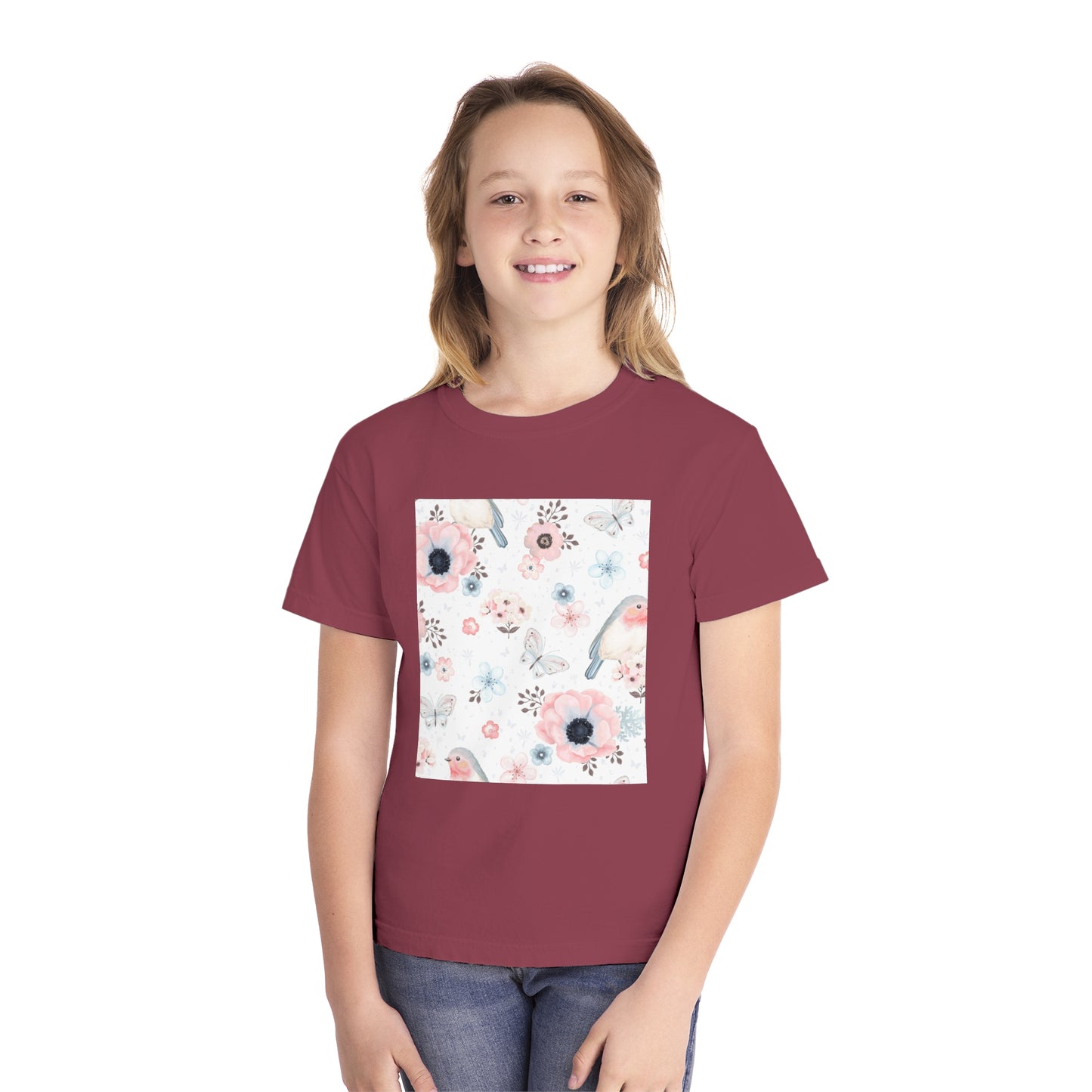Floral Bird Youth Tee - Soft Midweight T-Shirt for Nature Lovers