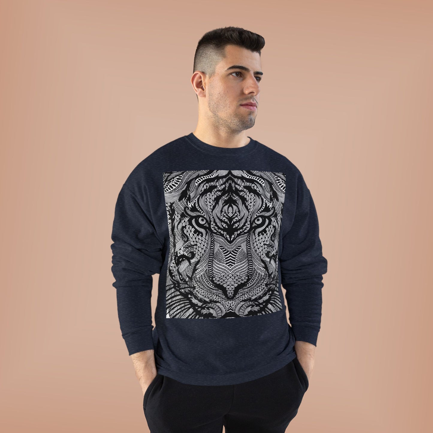 Unisex EcoSmart Tiger Graphic Crewneck Sweatshirt - Bold Black & White Design
