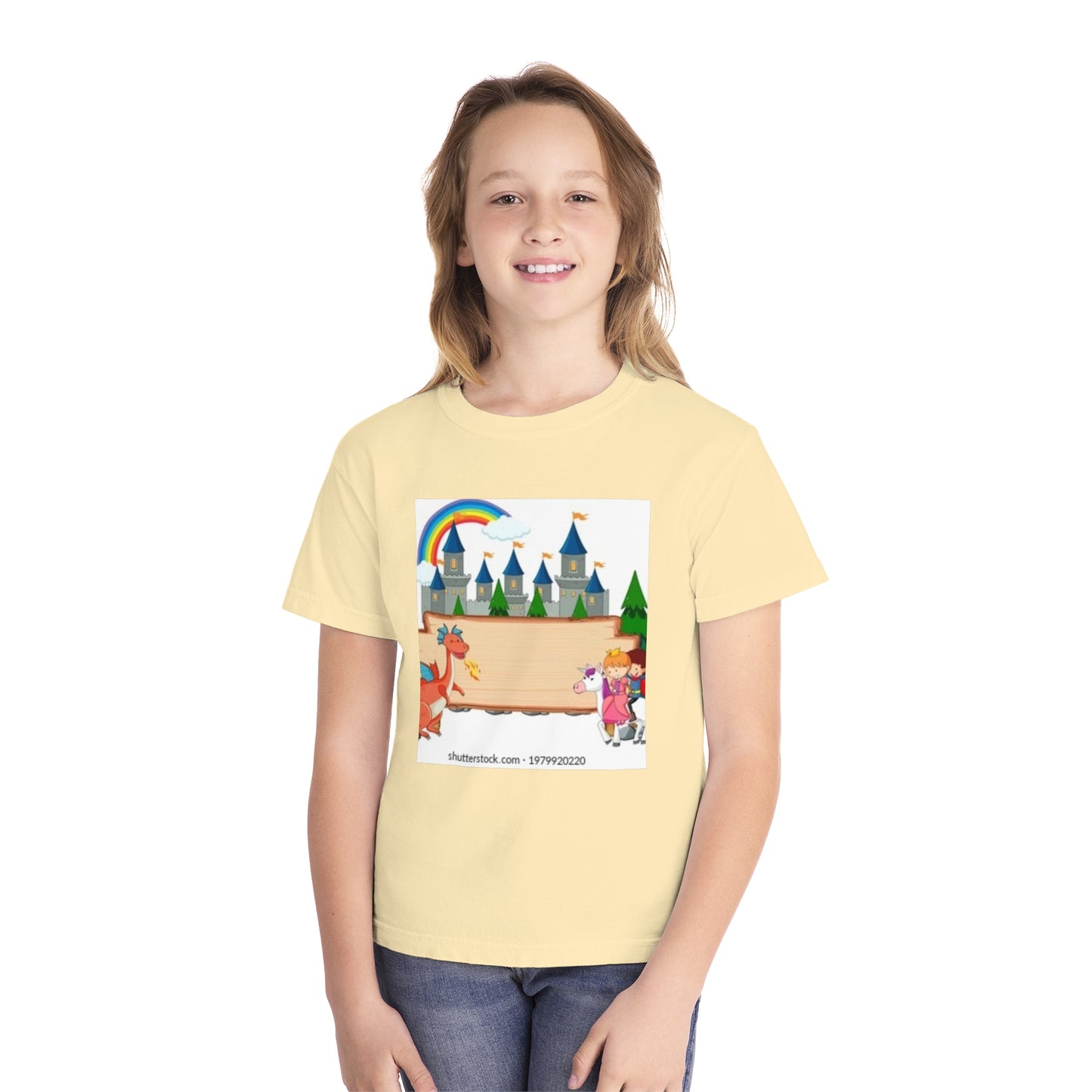 Youth Fantasy Castle Tee - Colorful Dragon & Rainbow Design