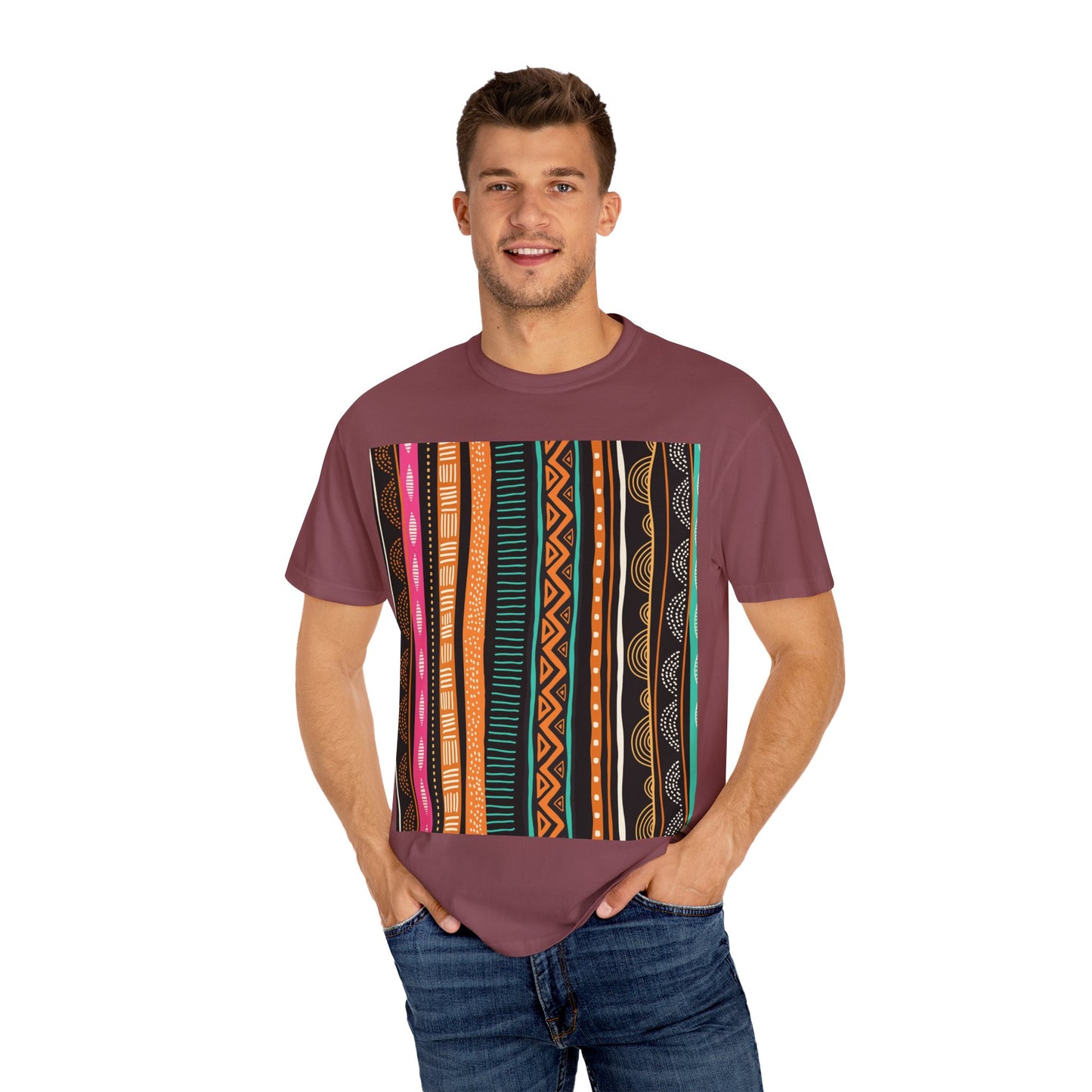 Vibrant Graphic Unisex T-Shirt - Colorful Tribal Stripes Design