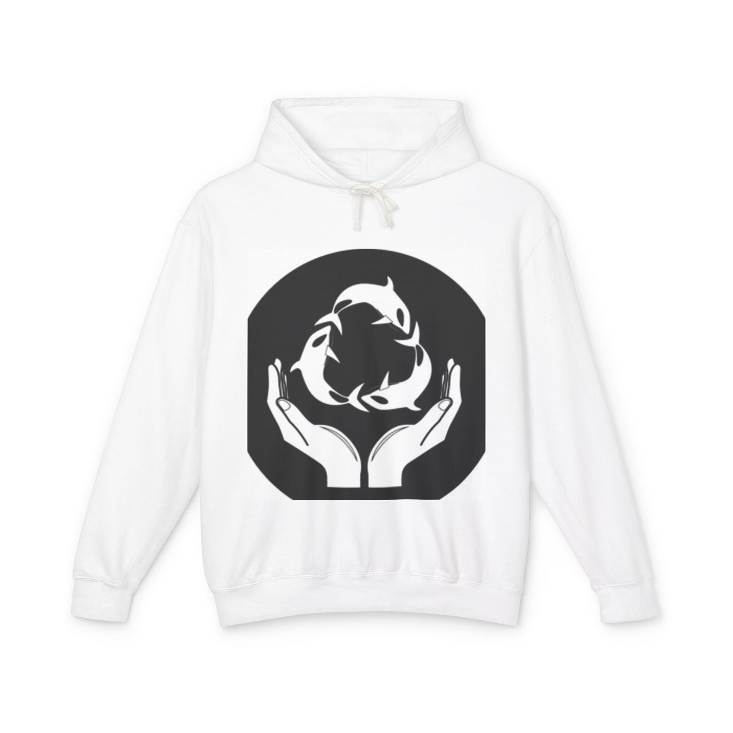 Eco-Friendly Unisex Lightweight Hooded Sweatshirt - Hands and Fish Design
