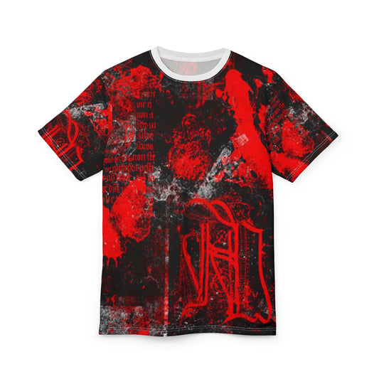 Bold Graphic Unisex Tee - Red Abstract Art with Text Design