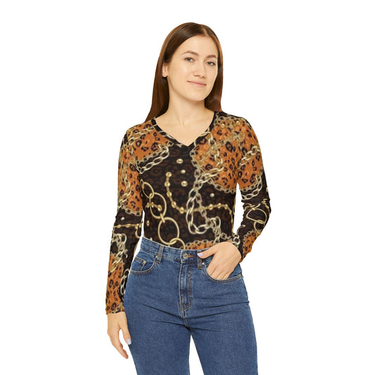 Chic Women's Long Sleeve V-Neck Shirt with Leopard Print & Gold Chain Design