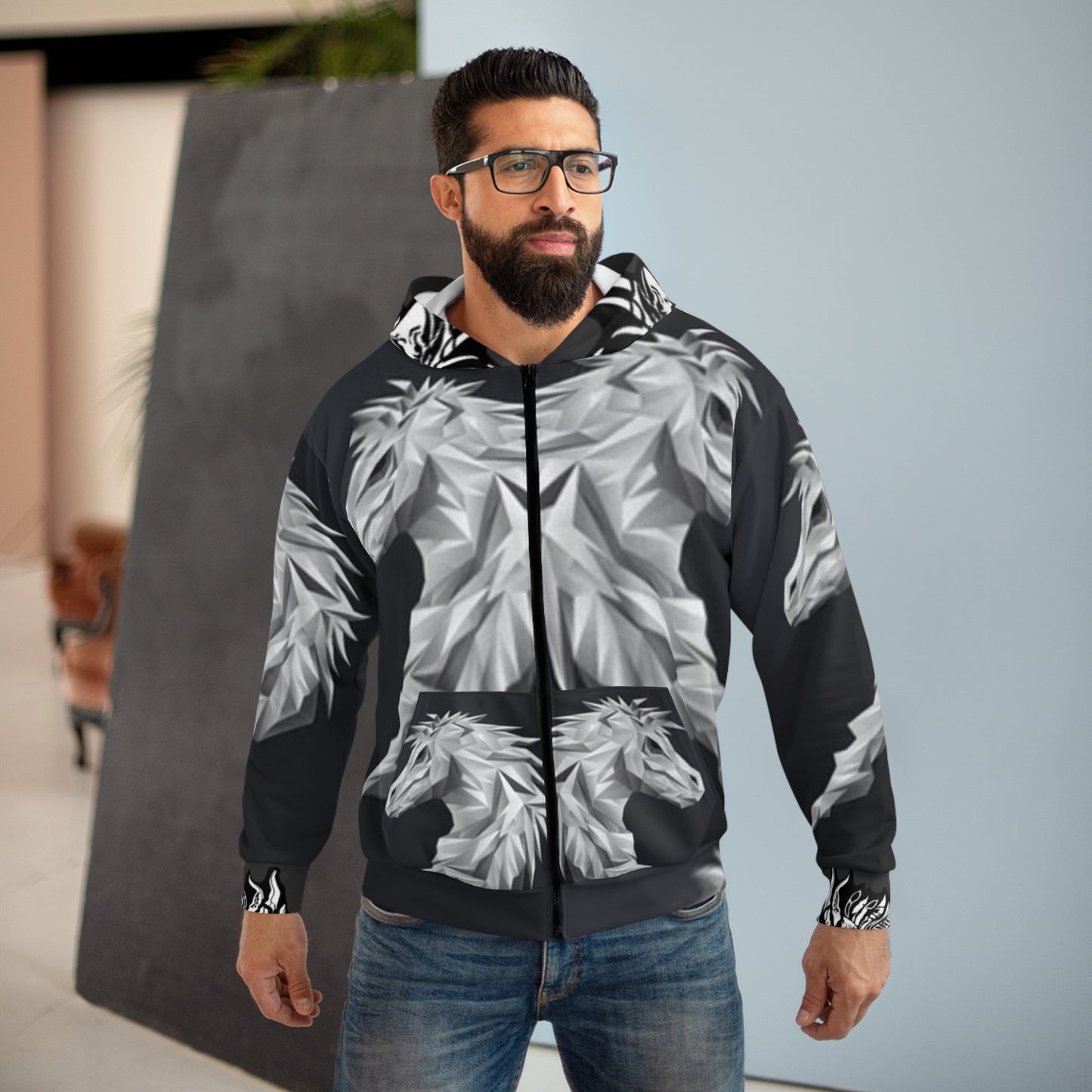 Artistic Unisex Zip Hoodie with Majestic Horse and Dragon Designs