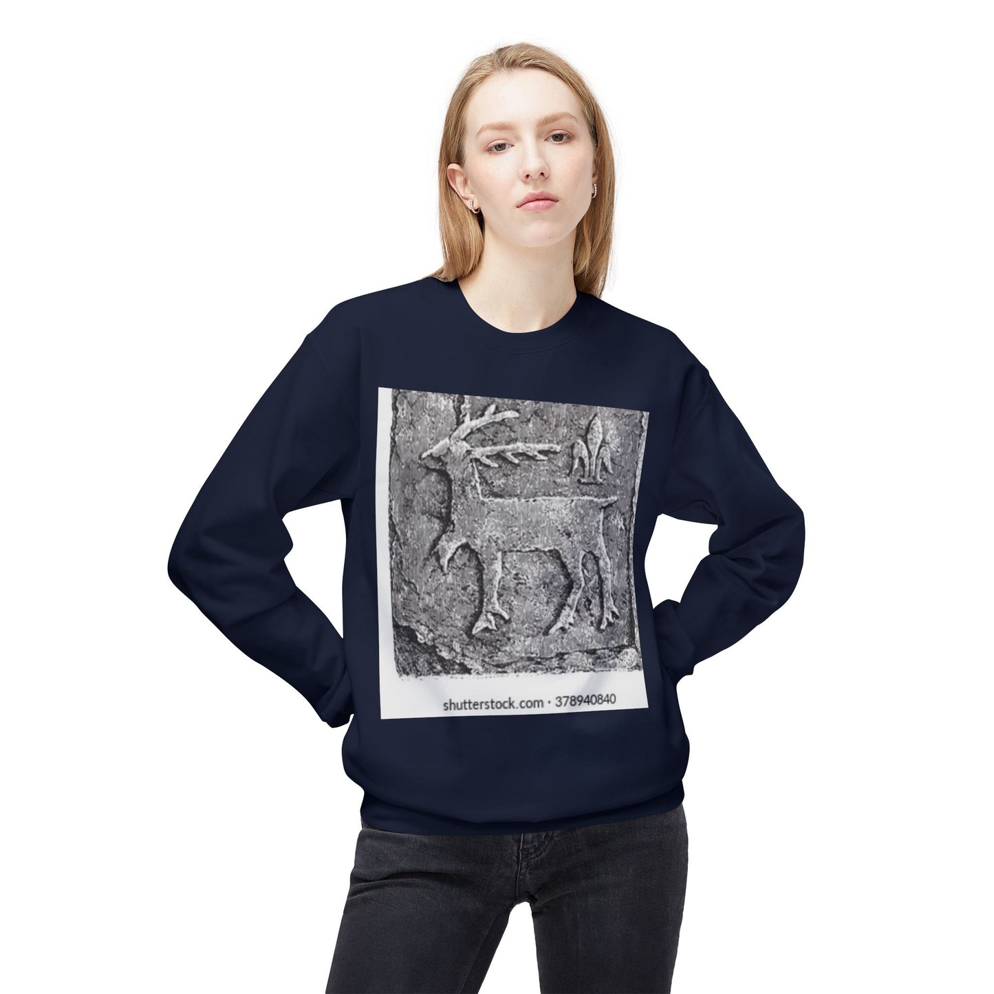 Vintage-Inspired Fleece Crewneck Sweatshirt with Ancient Deer Design