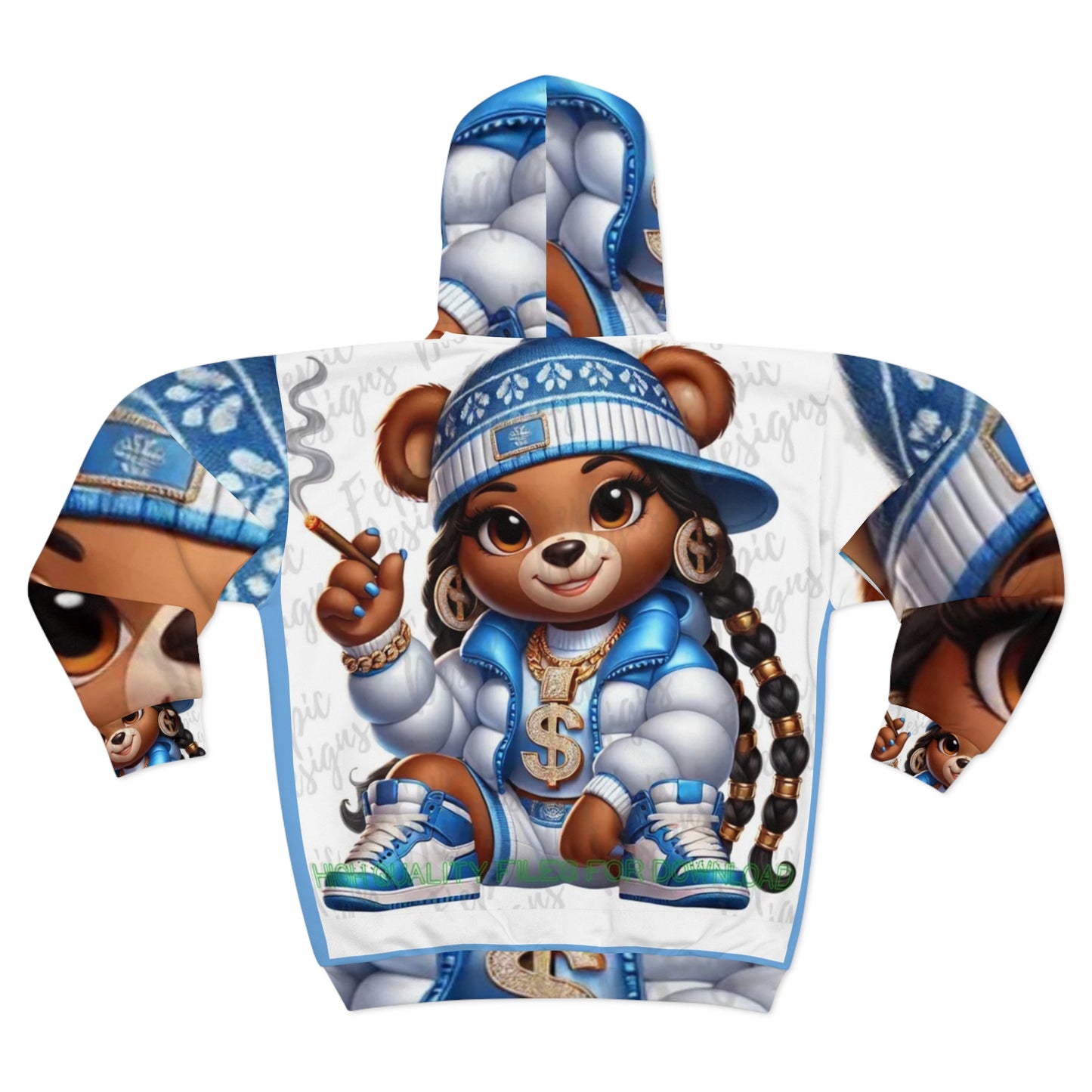 Hip-Hop Style Unisex Zip Hoodie with Trendy Bear Illustration