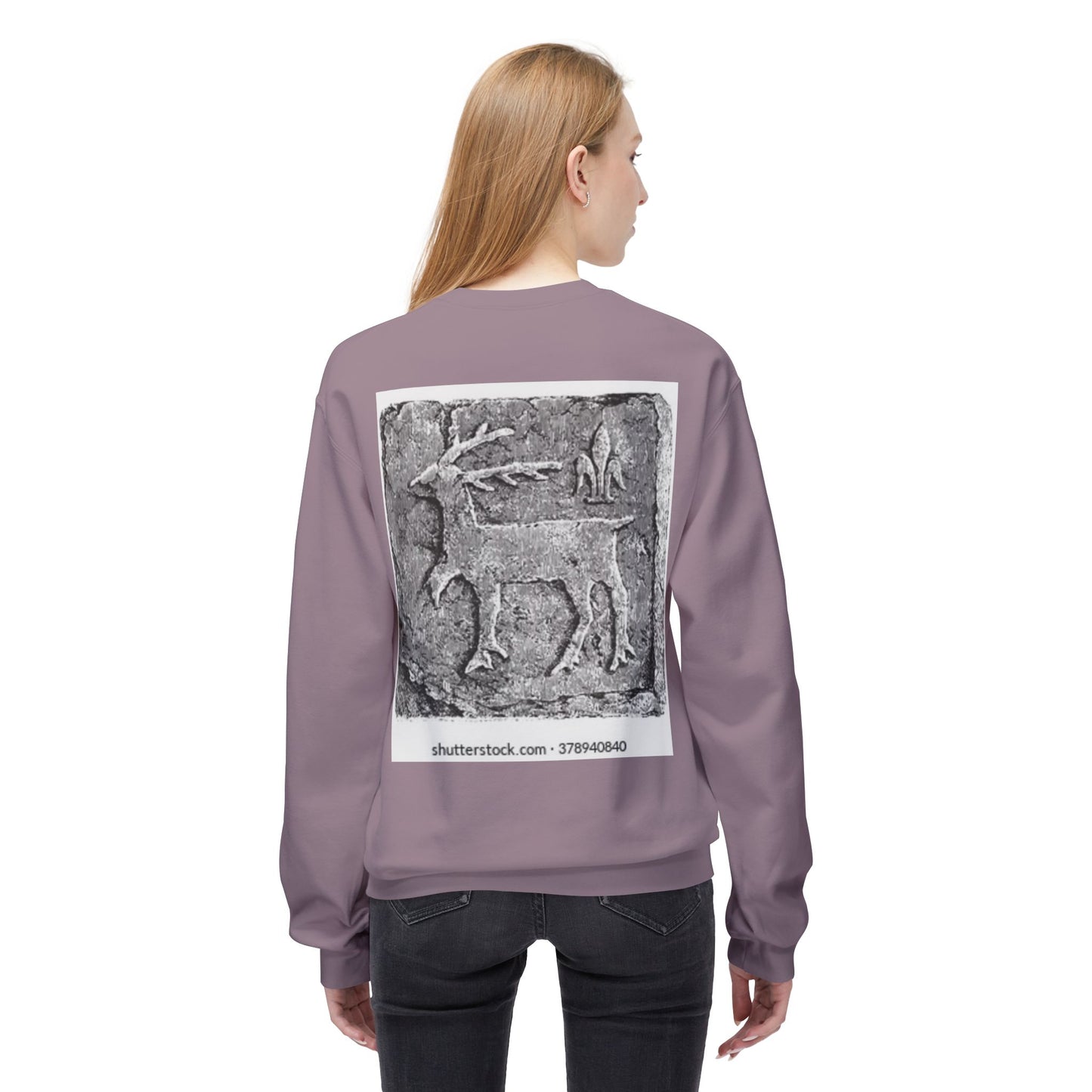 Vintage-Inspired Fleece Crewneck Sweatshirt with Ancient Deer Design