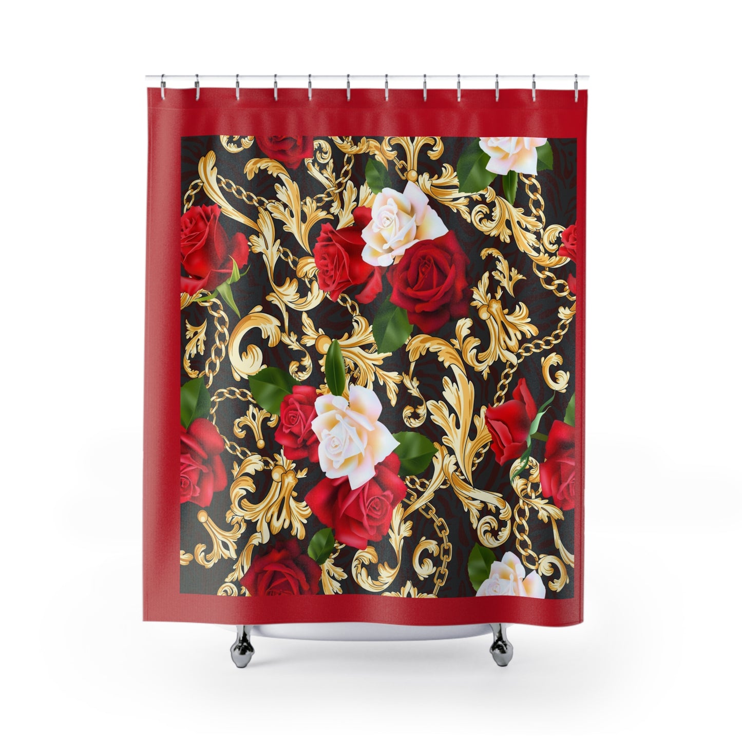 Elegant Floral Shower Curtains with Roses and Gold Accents