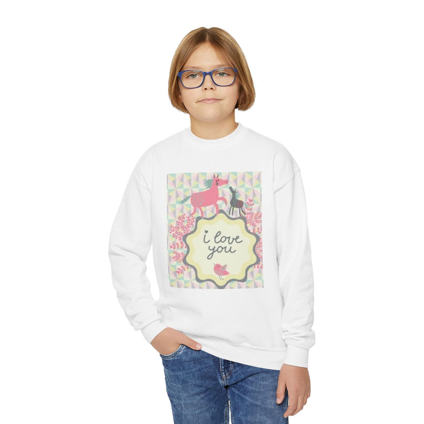 Youth Crewneck Sweatshirt with "I Love You" Unicorn Design