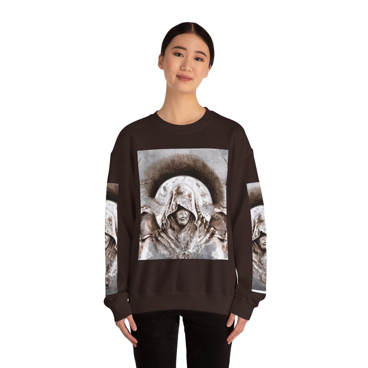 Mystical Hooded Figure Unisex Crewneck Sweatshirt - Fantasy Apparel for Dreamers