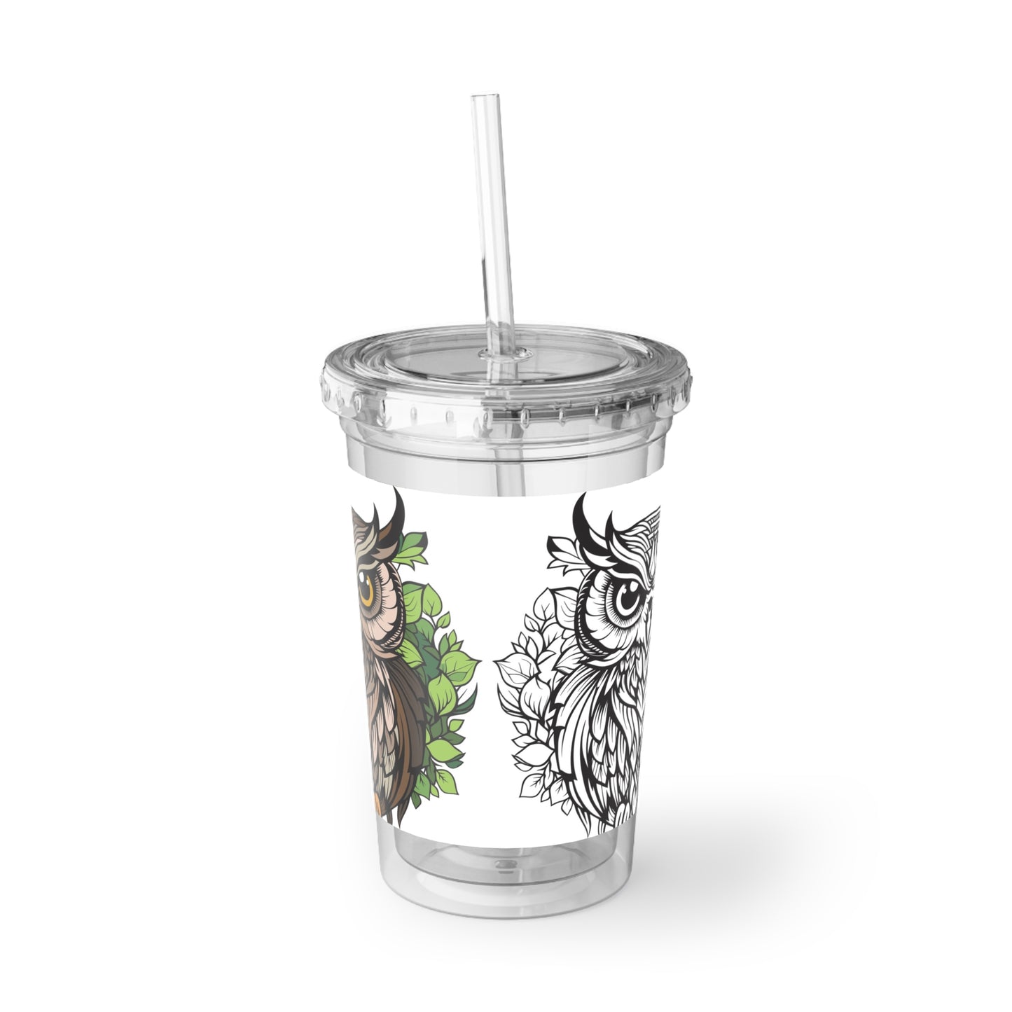 Owl Design Acrylic Cup with Straw - Eco-Friendly Travel Tumbler
