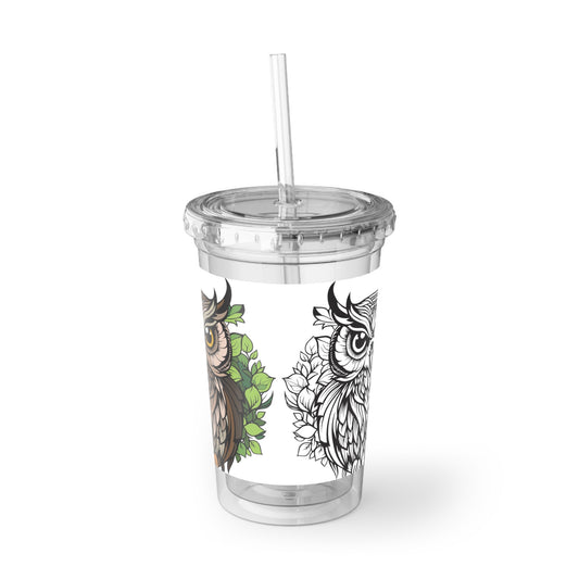 Owl Design Acrylic Cup with Straw - Eco-Friendly Travel Tumbler