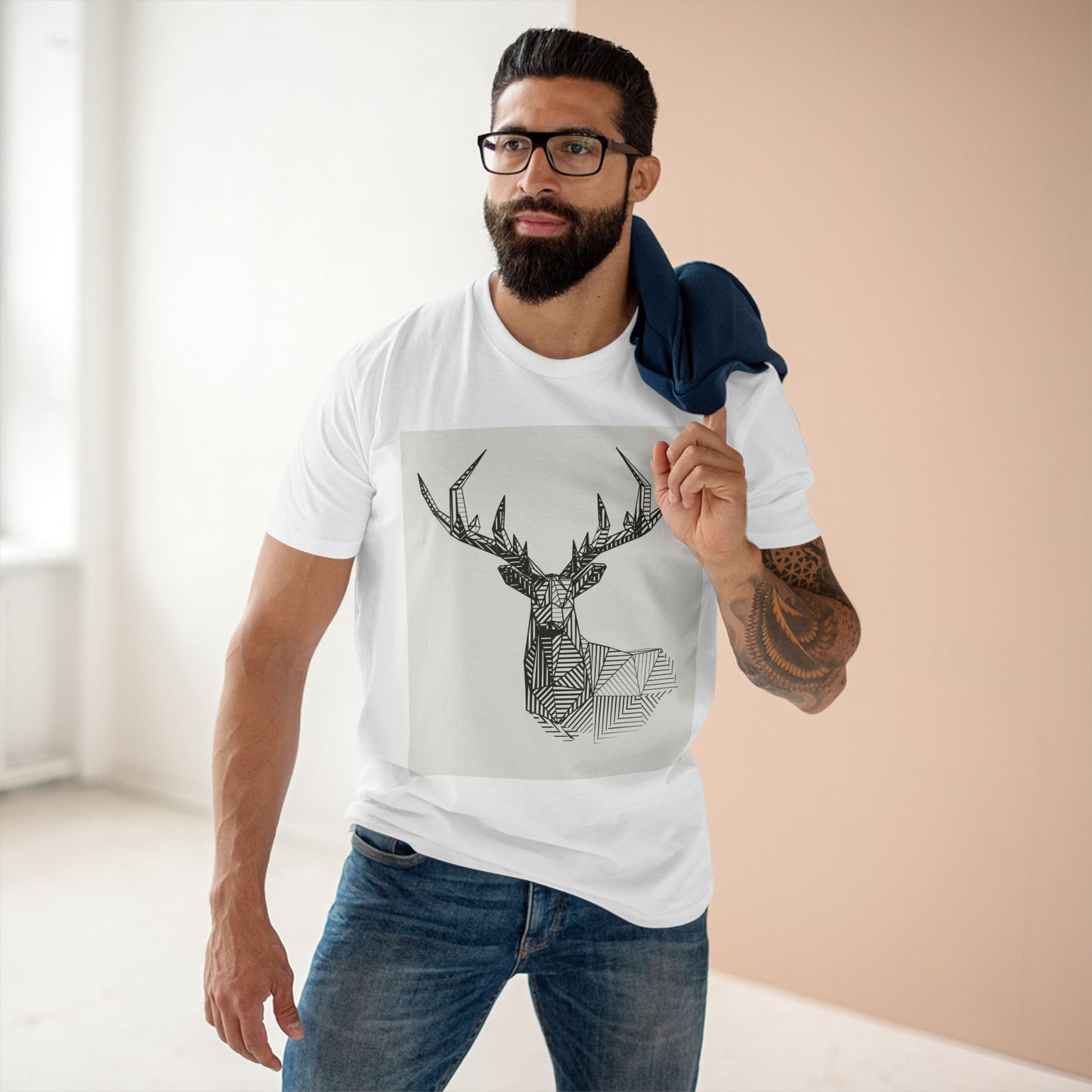 Geometric Deer & Spider Web Adult Staple Tee - Nature-Inspired Graphic T-Shirt for Outdoor Enthusiasts